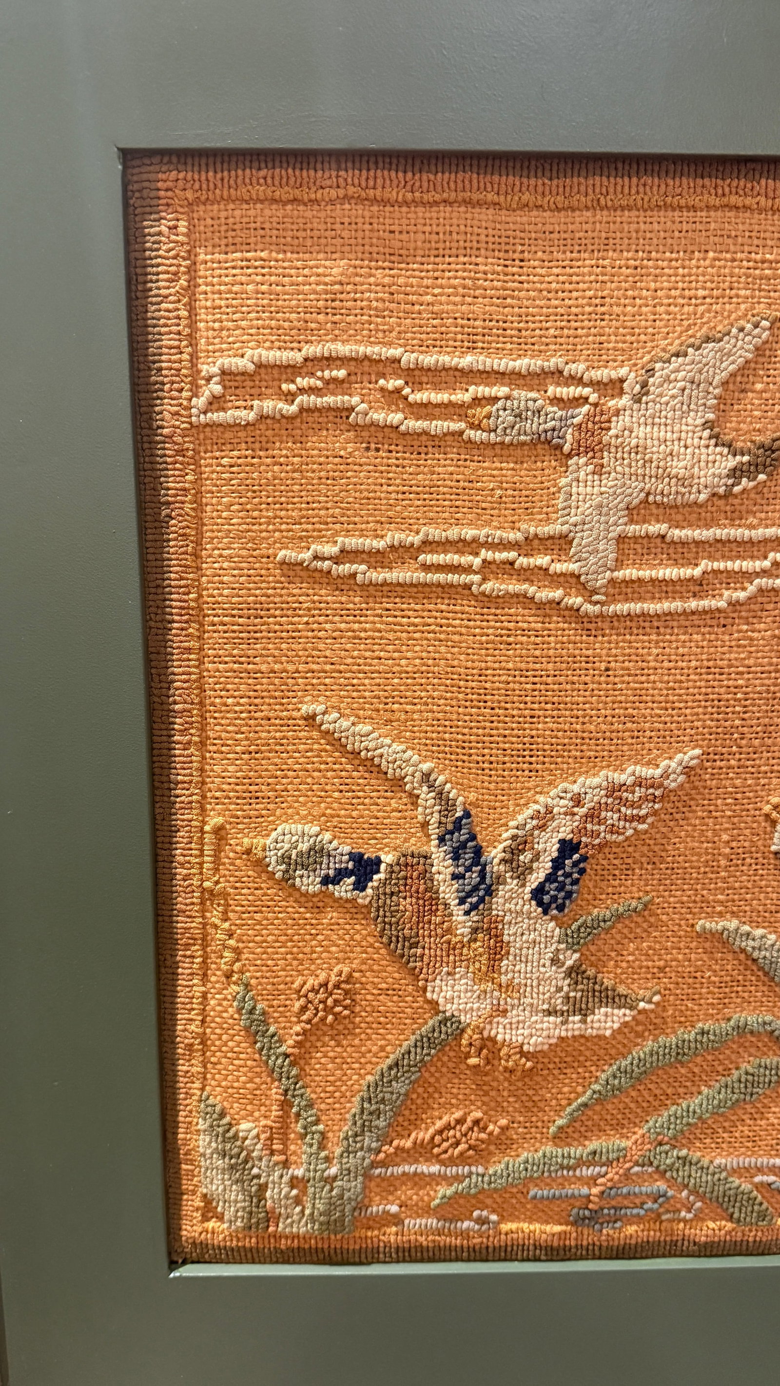 Early Grenfell Industries Hooked Rug Mat Ducks in Flight Framed 1930s Newfoundland Folk Art - 4