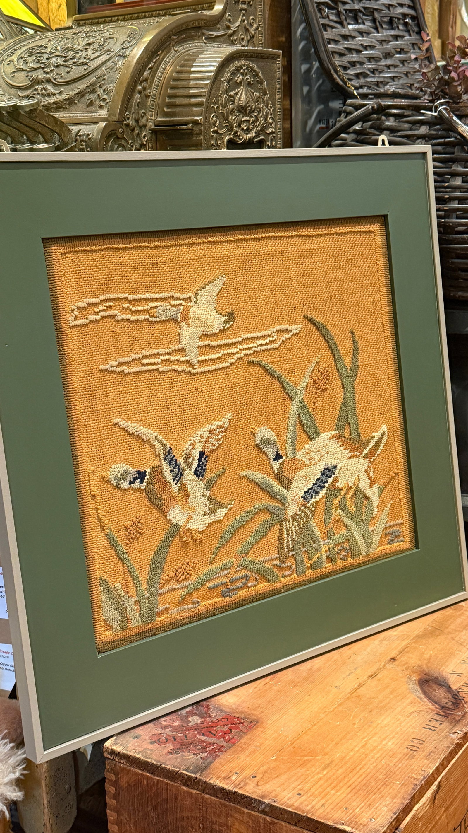 Early Grenfell Industries Hooked Rug Mat Ducks in Flight Framed 1930s Newfoundland Folk Art - 5