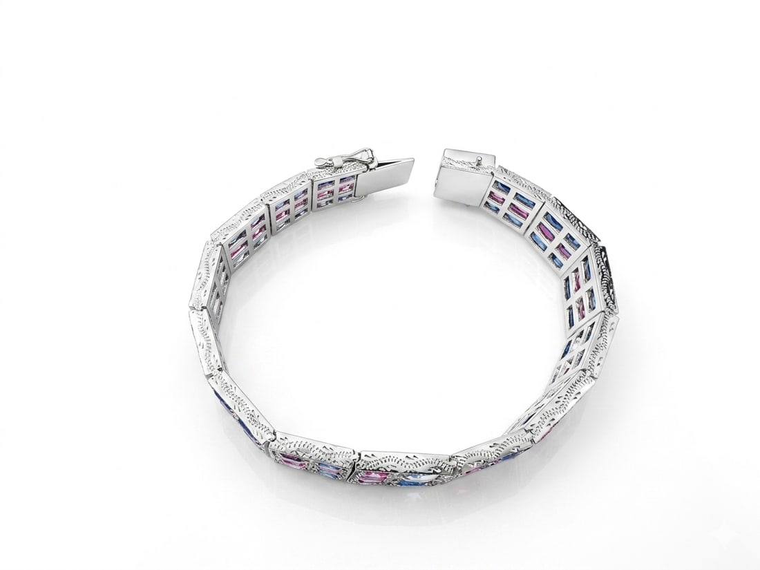 Natural Pink and Blue Sapphire Silver Tennis Bracelet - 2