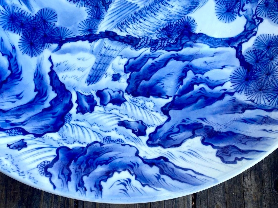 Mid 20th Century Monumental Japanese Blue & White Porcelain Charger With Hawk & Pine Landscape - 10