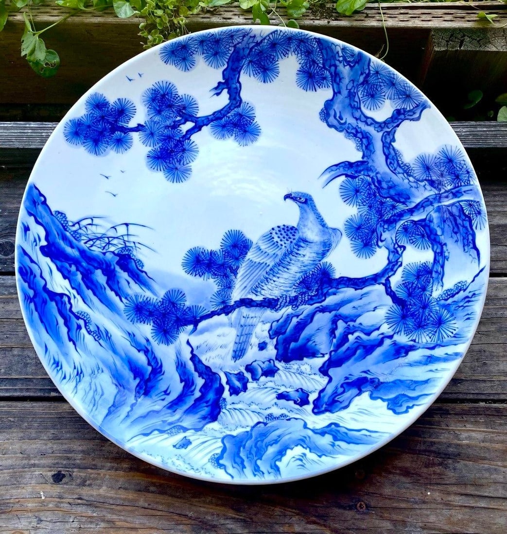 Mid 20th Century Monumental Japanese Blue & White Porcelain Charger With Hawk & Pine Landscape - 2