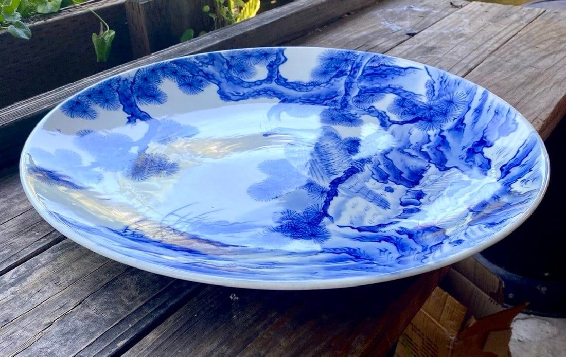 Mid 20th Century Monumental Japanese Blue & White Porcelain Charger With Hawk & Pine Landscape - 4