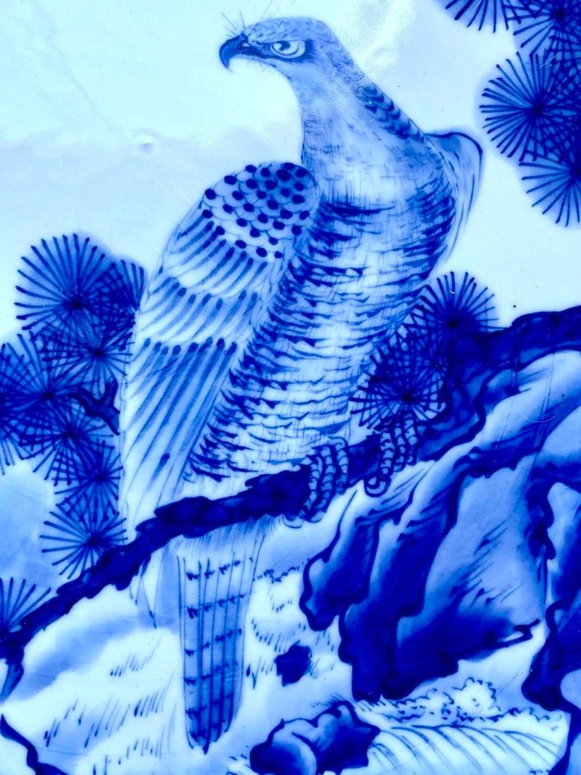 Mid 20th Century Monumental Japanese Blue & White Porcelain Charger With Hawk & Pine Landscape - 5