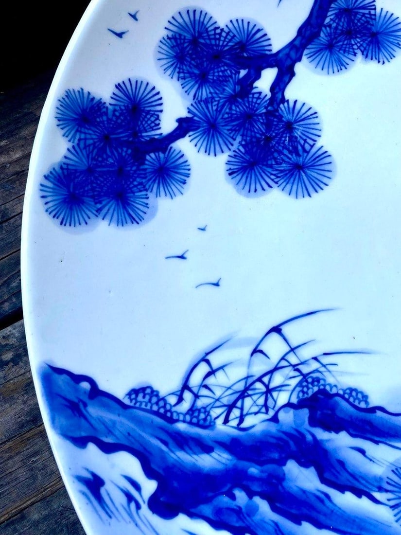 Mid 20th Century Monumental Japanese Blue & White Porcelain Charger With Hawk & Pine Landscape - 6
