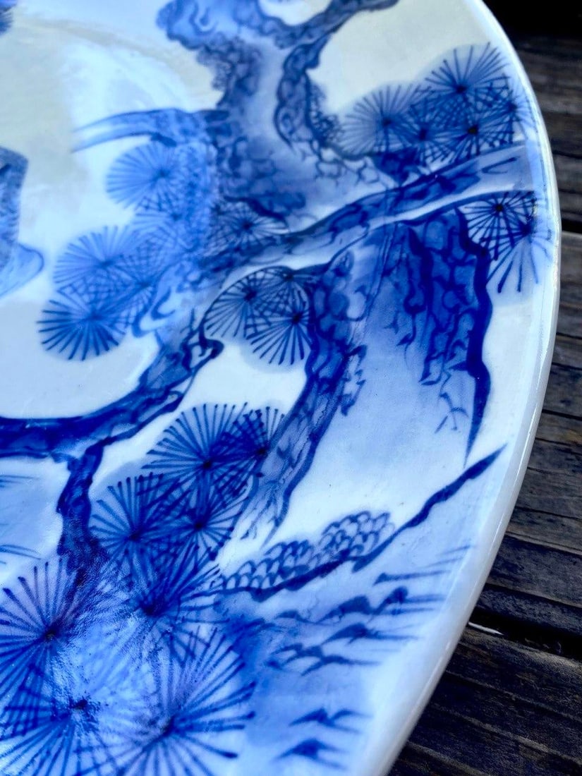 Mid 20th Century Monumental Japanese Blue & White Porcelain Charger With Hawk & Pine Landscape - 8