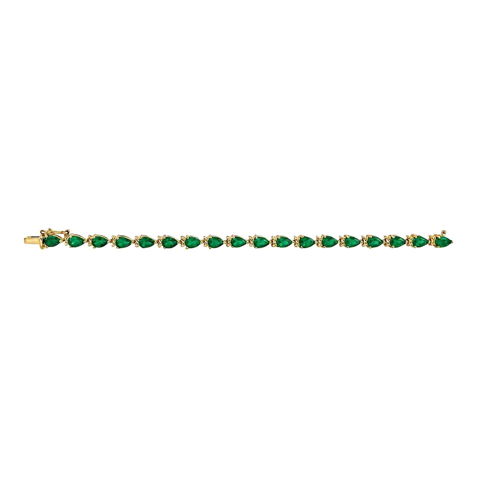 14k Gold Natural Pear Emerald & Diamond Tennis Bracelet: A striking 14K gold tennis bracelet featuring natural pear-shaped emeralds accented by sparkling round brilliant-cut diamonds. The elegant alternating design highlights the vivid green beauty of the