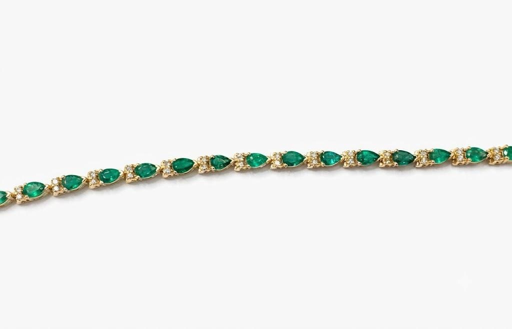 14k Gold Natural Pear Emerald & Diamond Tennis Bracelet - 2