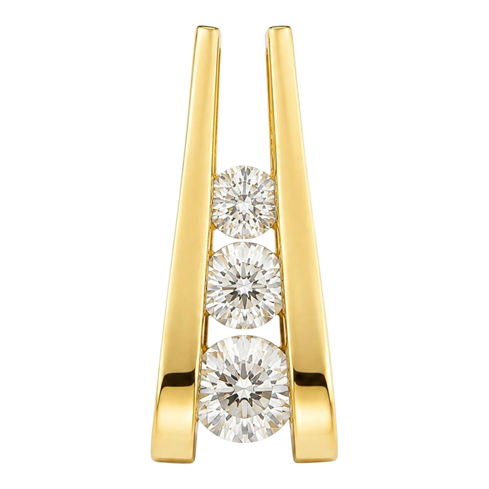 14k Gold Three Diamond Scissor Pendant With 1.05 CTTW Natural Diamonds: sleek and contemporary 14K yellow gold scissor pendant featuring three channel-set natural round brilliant diamonds totaling 1.05 carats. Expertly crafted with a distinctive architectural design, the