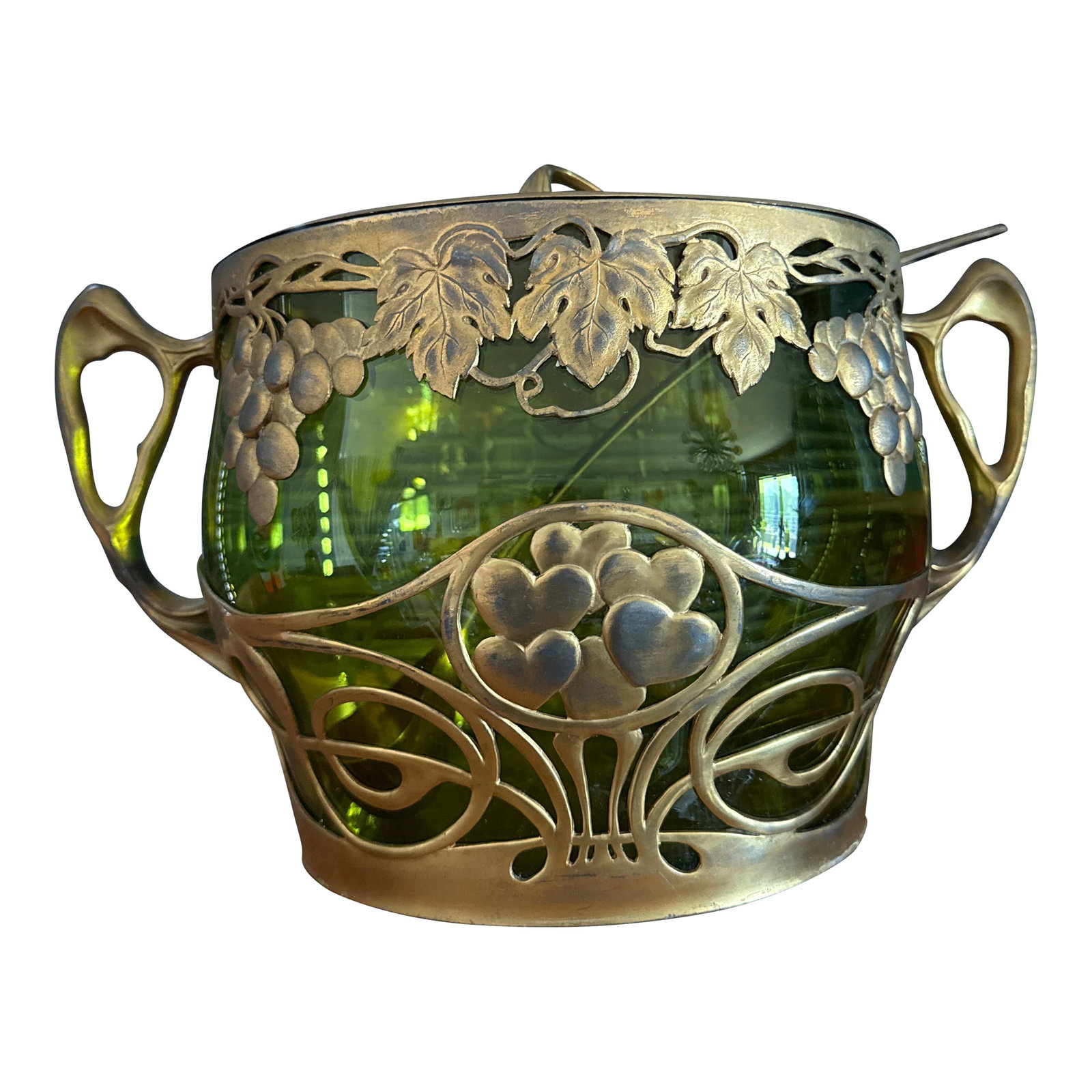1920s Walter Scherf Osiris Isis Art Nouveau Grapevine Punch Bowl: Exceptional and Rare Early Art Nouveau 19th century Punch Bowl designed by Walter Scherf for Osiris (ISIS) company. Comprised of original green glass (possibly uranium ) interior with guilded