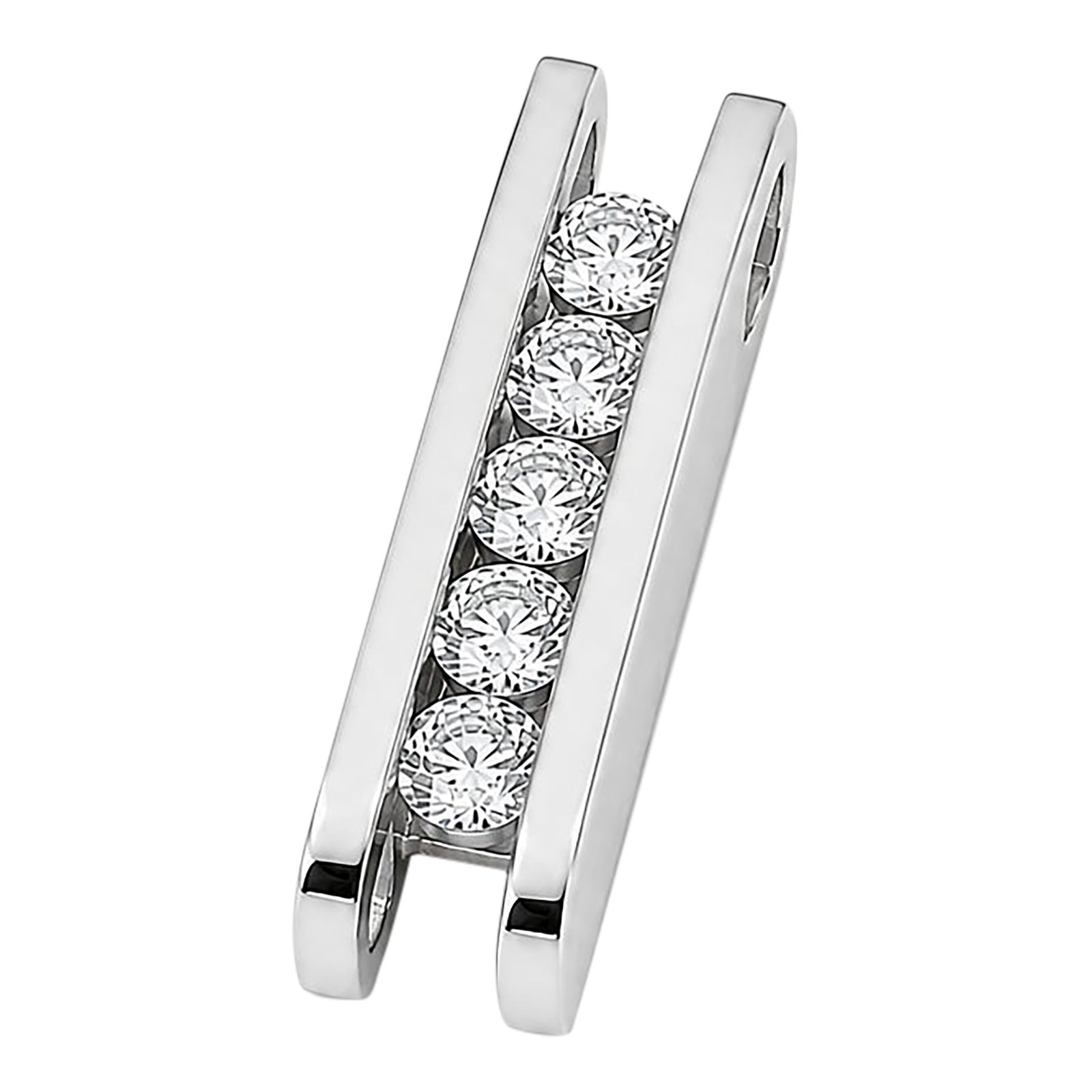 14k White Gold Five Diamond Scissor Pendant: A striking 14K white gold scissor-style pendant showcasing five channel-set round brilliant diamonds totaling 1.60 carats. The elongated scissor silhouette gives this piece a modern architectural