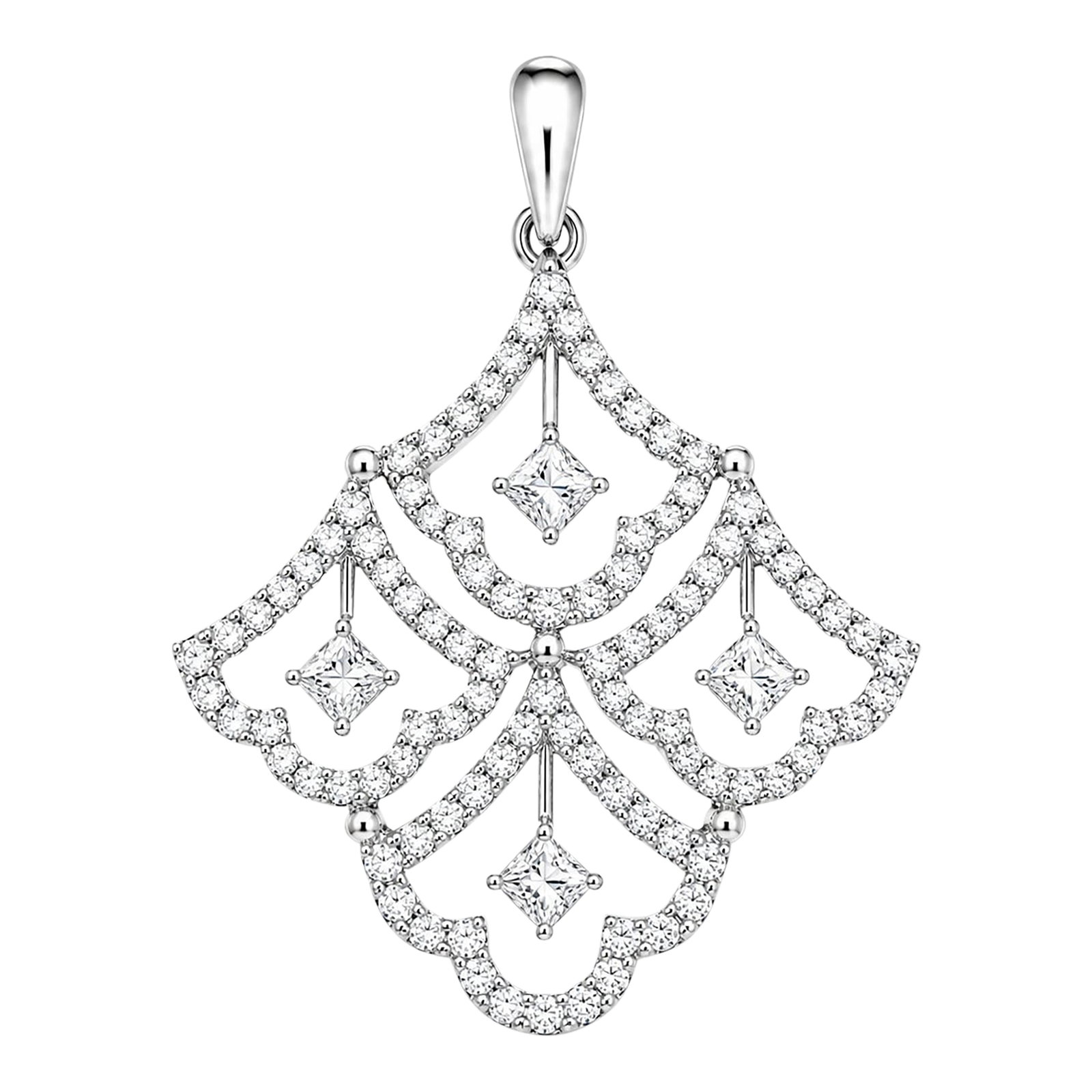 18k White Gold Ornate Diamond Pendant, 1.50 CTTW Natural Diamonds: An exquisite 18K white gold pendant featuring 1.50 carats total weight of natural round brilliant-cut diamonds set within an intricate openwork design. Inspired by classic filigree motifs, the