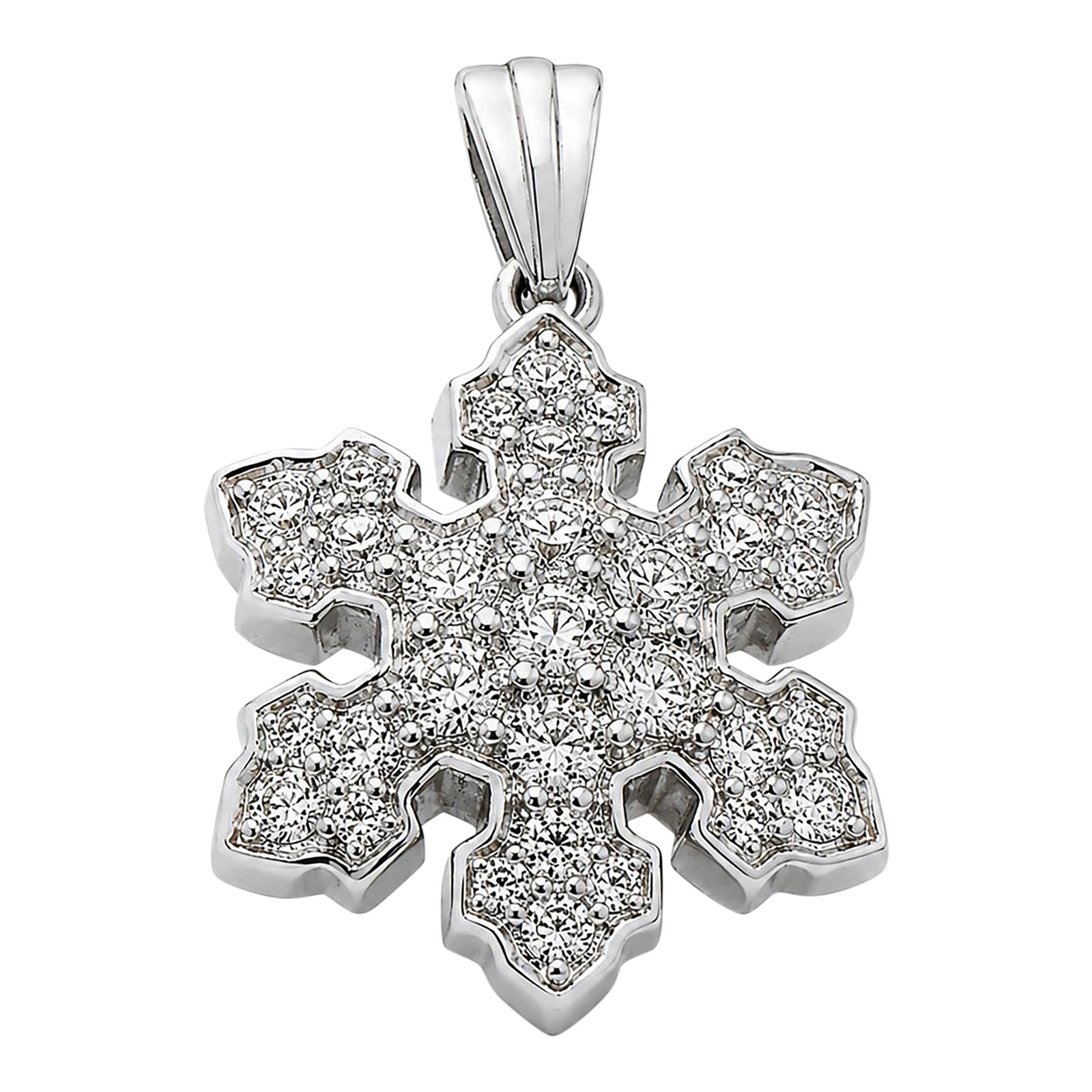 14k White Gold Diamond Snowflake Pendant 0.6ct: A delicate 14K white gold snowflake pendant set with natural round brilliant-cut diamonds in an elegant six-point design. The intricate openwork pattern creates beautiful dimension and sparkle,
