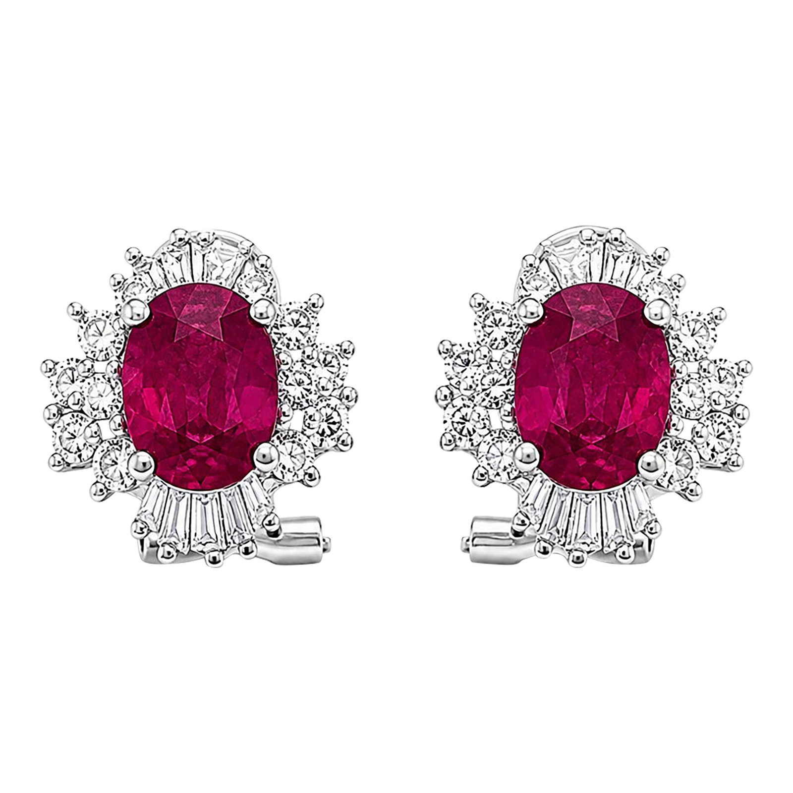 18k White Gold Oval Ruby Diamond Halo Earrings, 2.37 Ct Natural Rubies, A Pair: Stunning 18K white gold earrings featuring natural oval rubies surrounded by a sparkling halo of round brilliant and trapeze-cut diamonds. The richly saturated ruby red gemstones create a striking