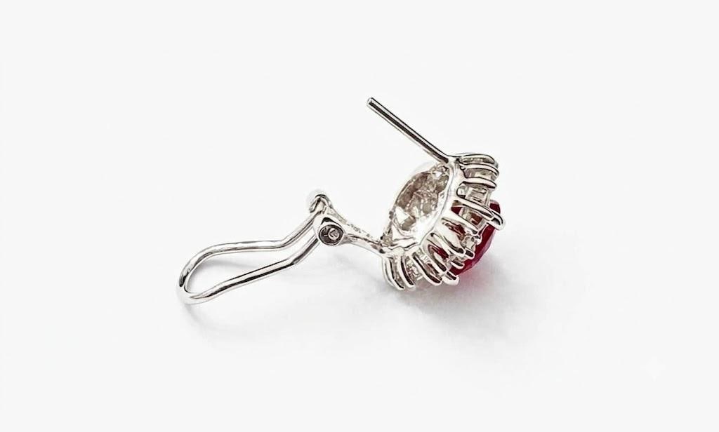 18k White Gold Oval Ruby Diamond Halo Earrings, 2.37 Ct Natural Rubies, A Pair - 2