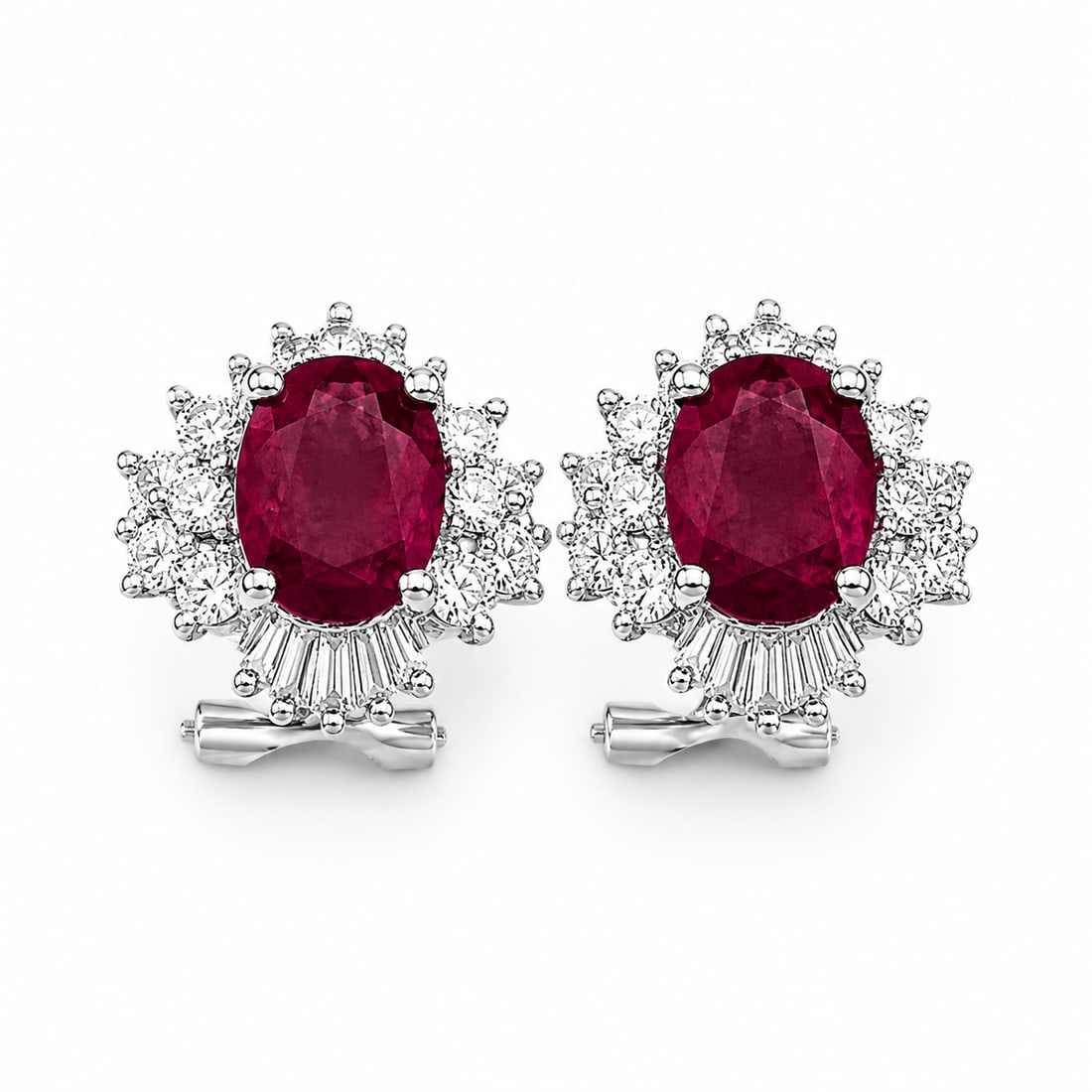 18k White Gold Oval Ruby Diamond Halo Earrings, 2.37 Ct Natural Rubies, A Pair - 4