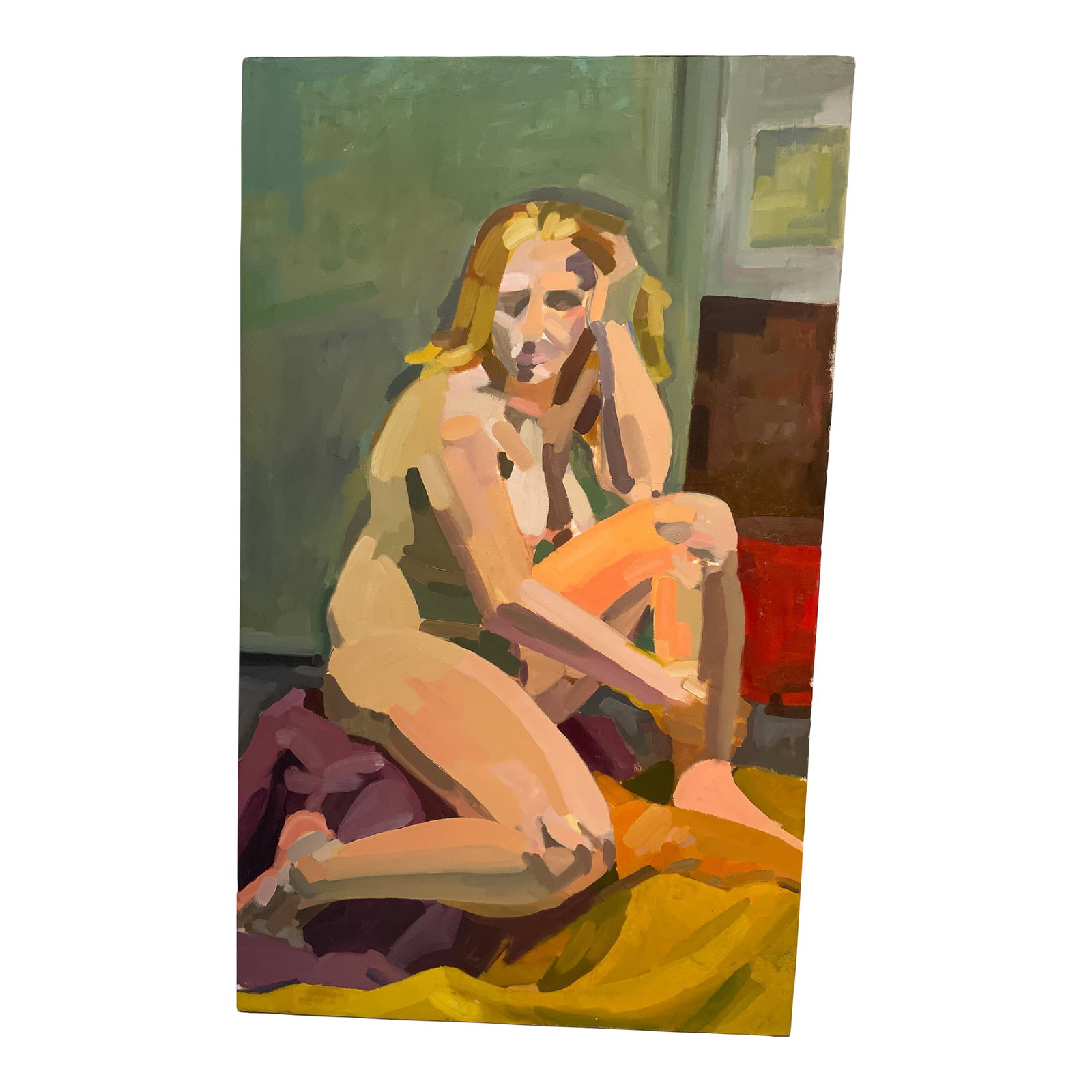 1980s Abstract Female Nude Painting by Kim Drucker Stockwell: Large Unframed Abstract Oil on Canvas by K.D.Stockwell. Member of SOWA Boston Massachusetts Condition: Alterations: Original Condition Unaltered Imperfections: Some Imperfections Condition Notes: