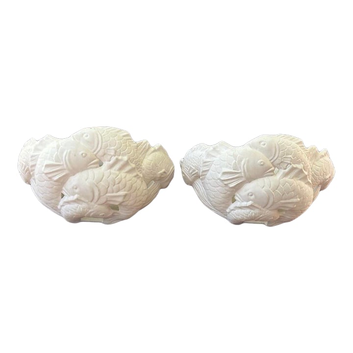 Vintage Art Deco Bisque Koi Wall Sconces: Vintage Art Deco styled Koi fish wall sconces in white bisque. These sconces will add a touch of whimsy to your walls and you will love the way they cast light when they are lit. The matte finish