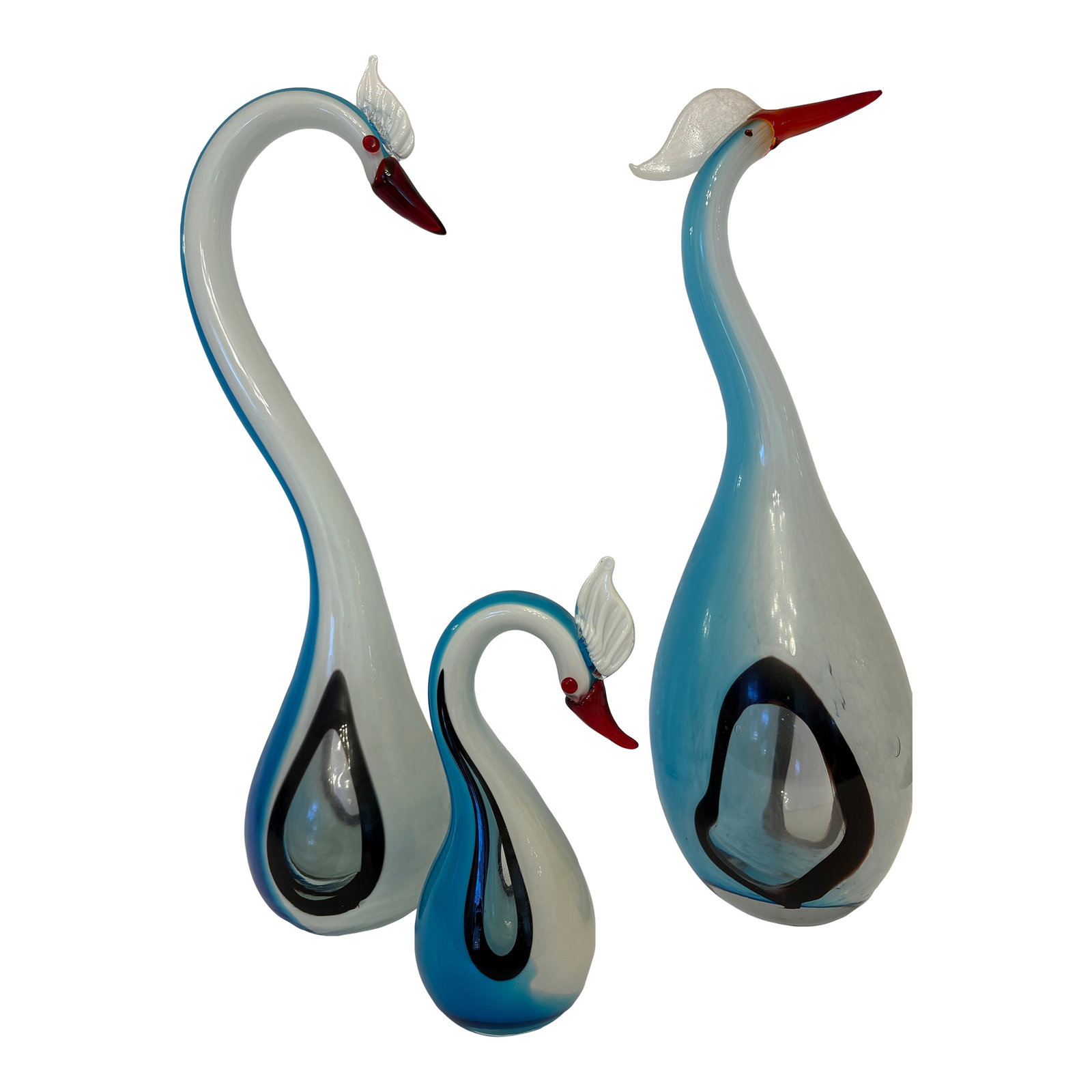 Vintage Mid-Century Modern Sommerso Murano Tall Herons, Set of 3: The trio of Murano Summerso Herons presented here for your pleasure are vintage mid-century modern art glass birds, specifically idenitificed as herons from the island of Murano in Venice, Italy.