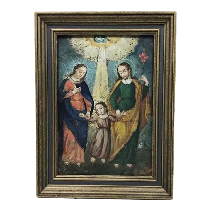 19th C. Mexican Retablo Oil on Tin Painting, "La Sagrada Familia" (Holy Family) (1 of 4)
