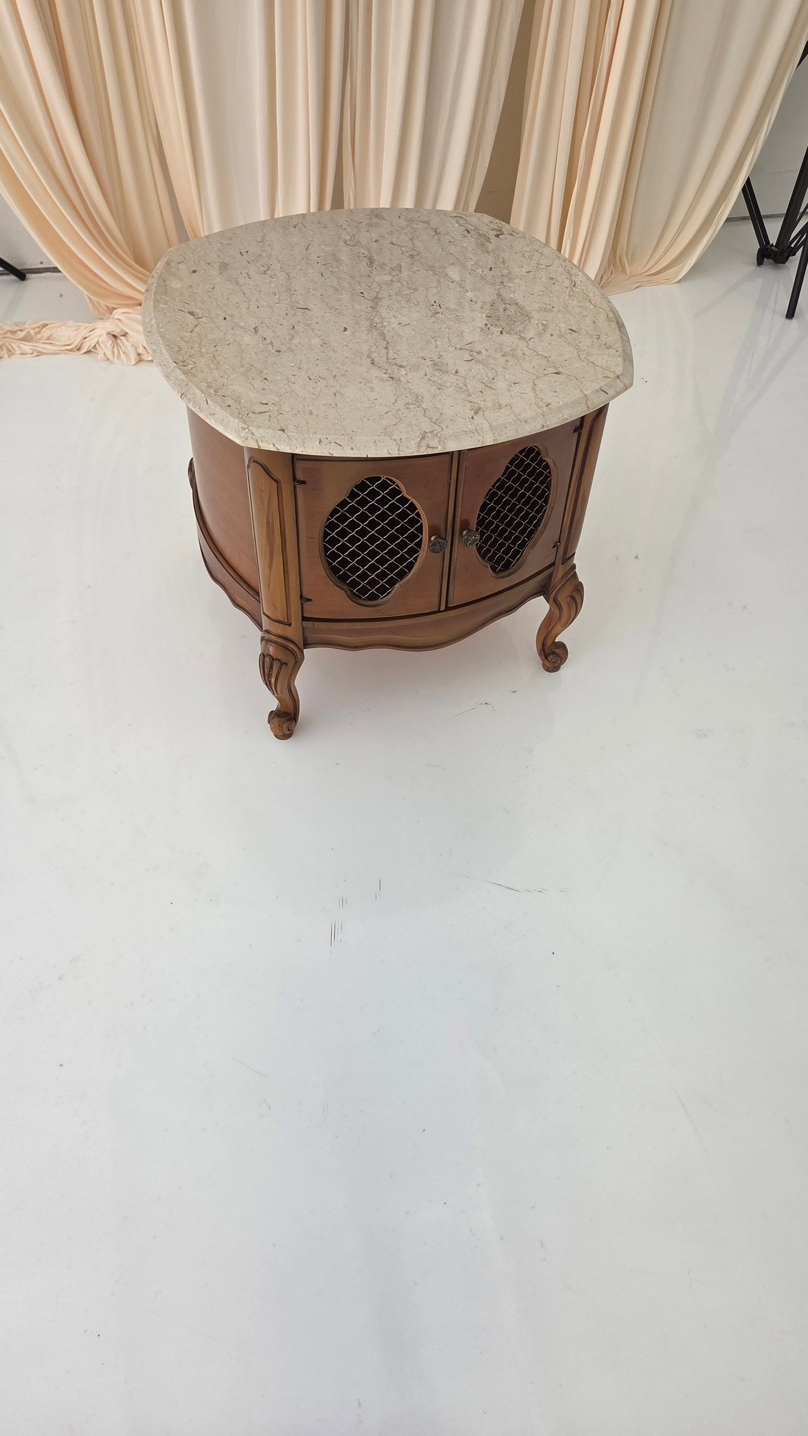 Vintage French Provincial Drum Table With Metal Mesh Cabinet Doors. Made in Italy - 14