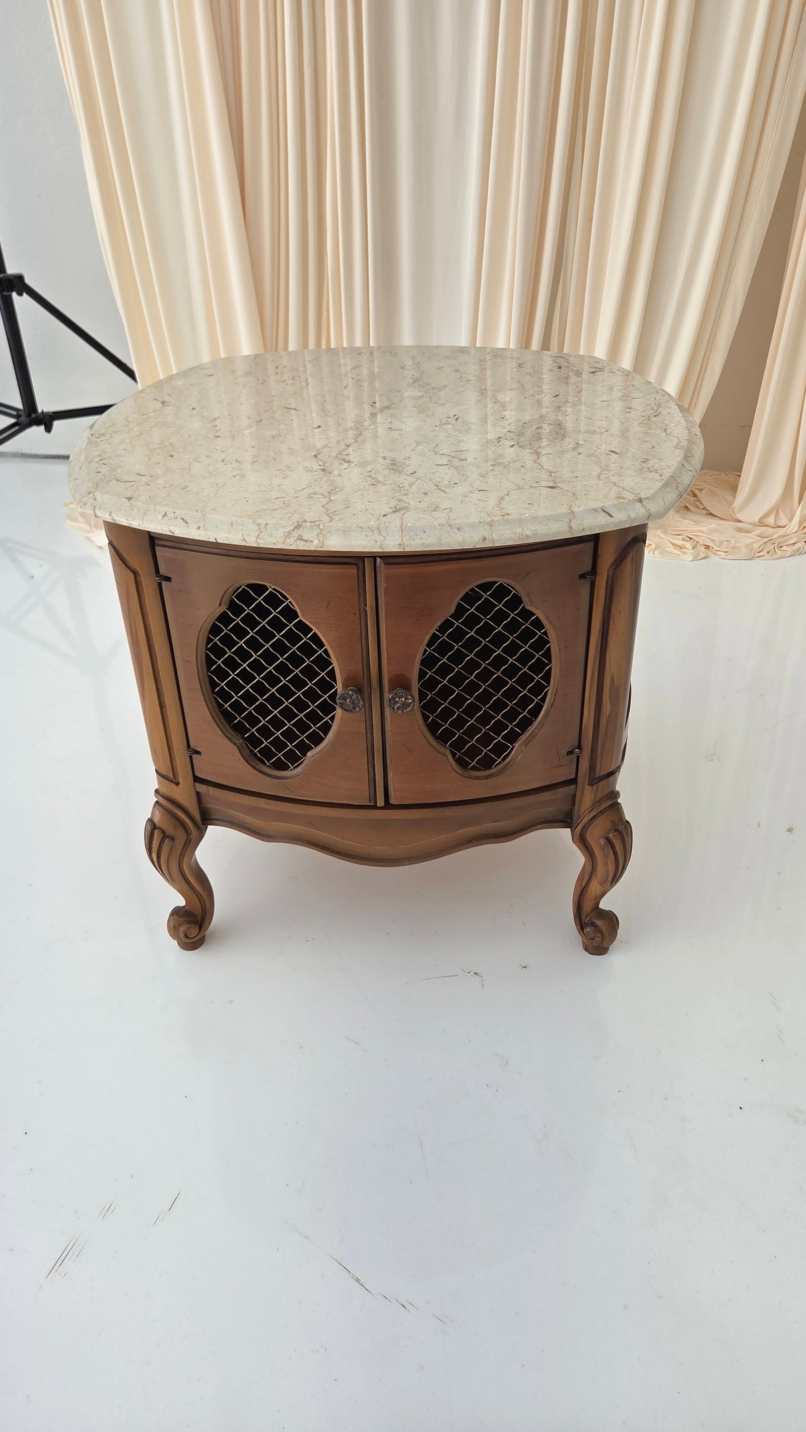 Vintage French Provincial Drum Table With Metal Mesh Cabinet Doors. Made in Italy - 15