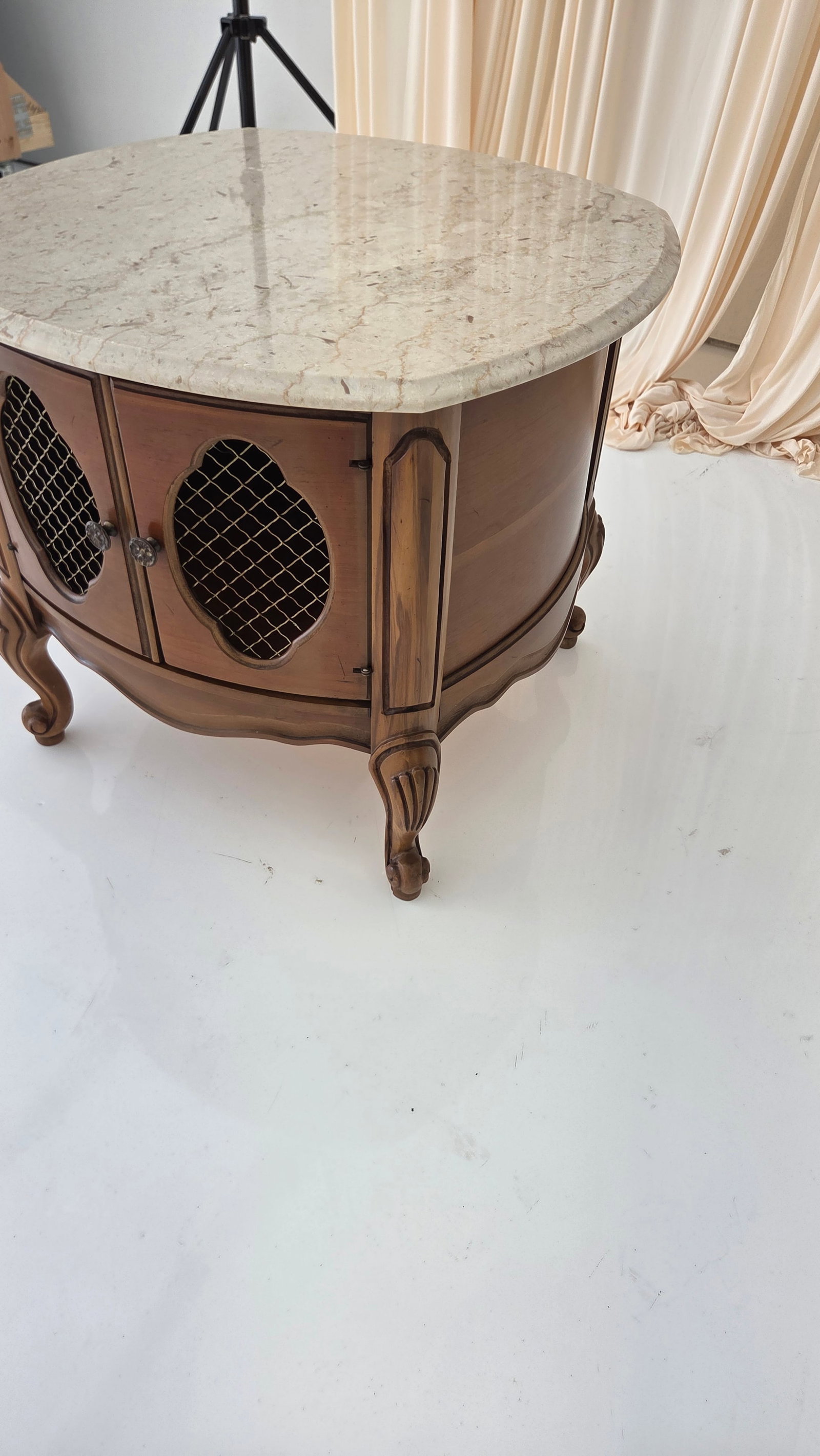 Vintage French Provincial Drum Table With Metal Mesh Cabinet Doors. Made in Italy - 16