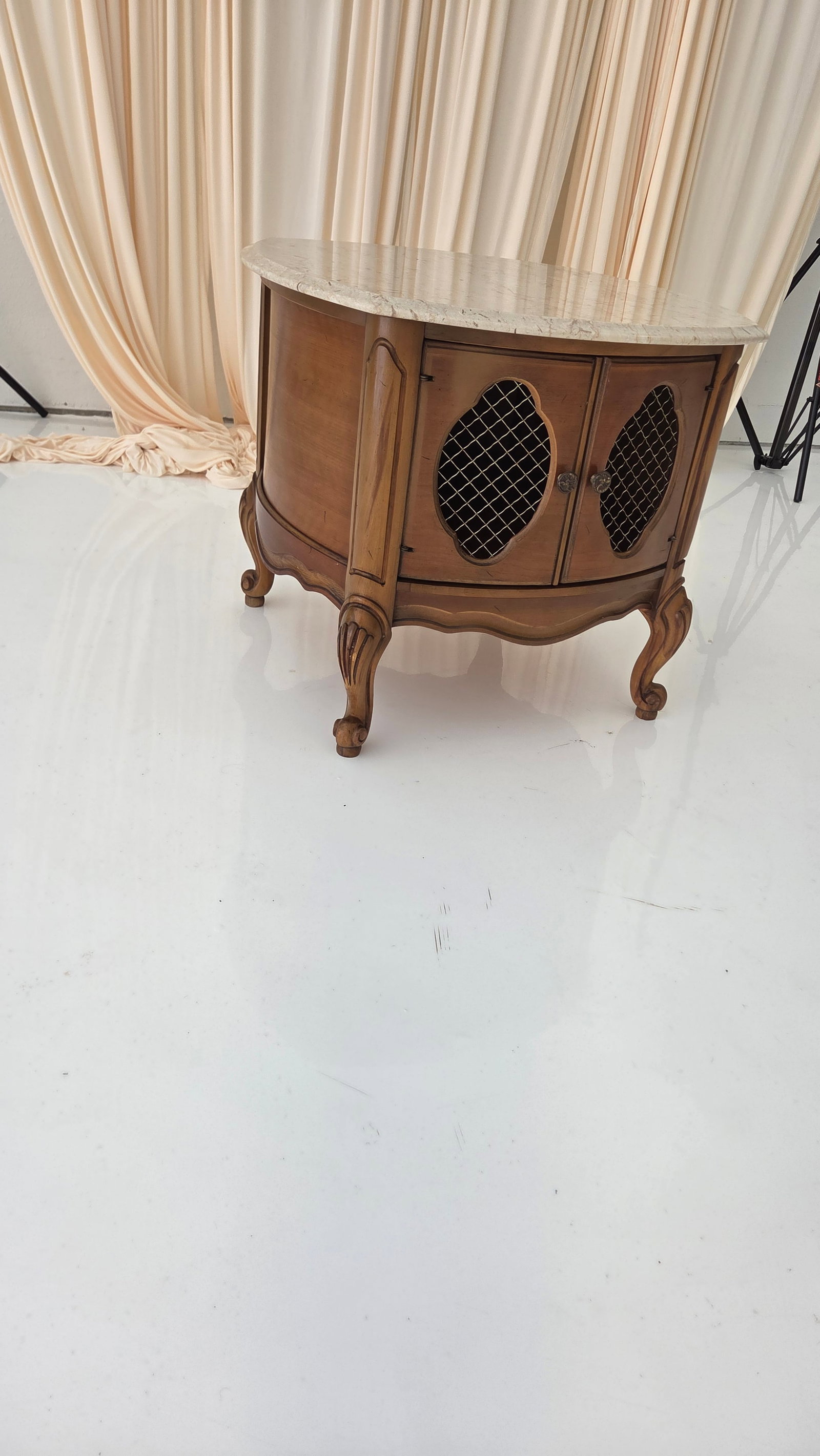 Vintage French Provincial Drum Table With Metal Mesh Cabinet Doors. Made in Italy - 2