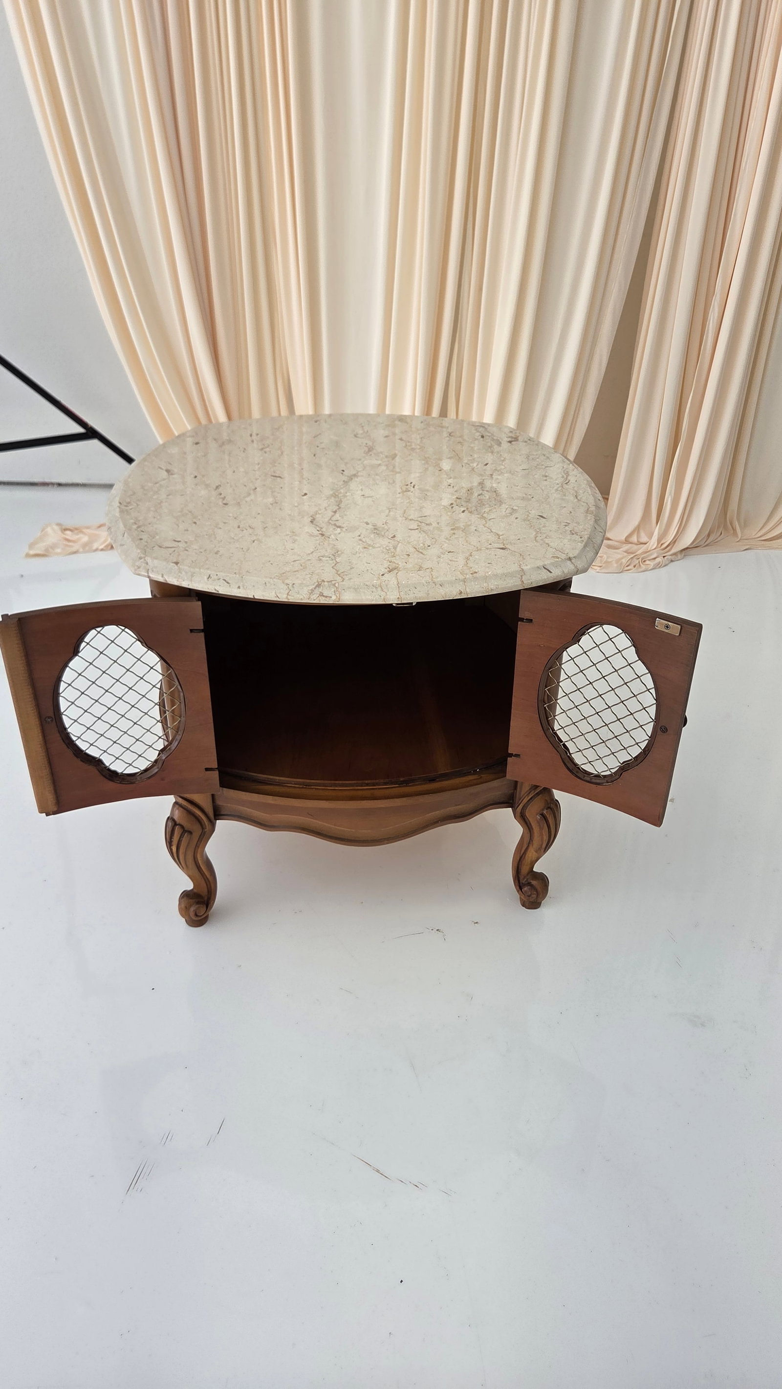 Vintage French Provincial Drum Table With Metal Mesh Cabinet Doors. Made in Italy - 6