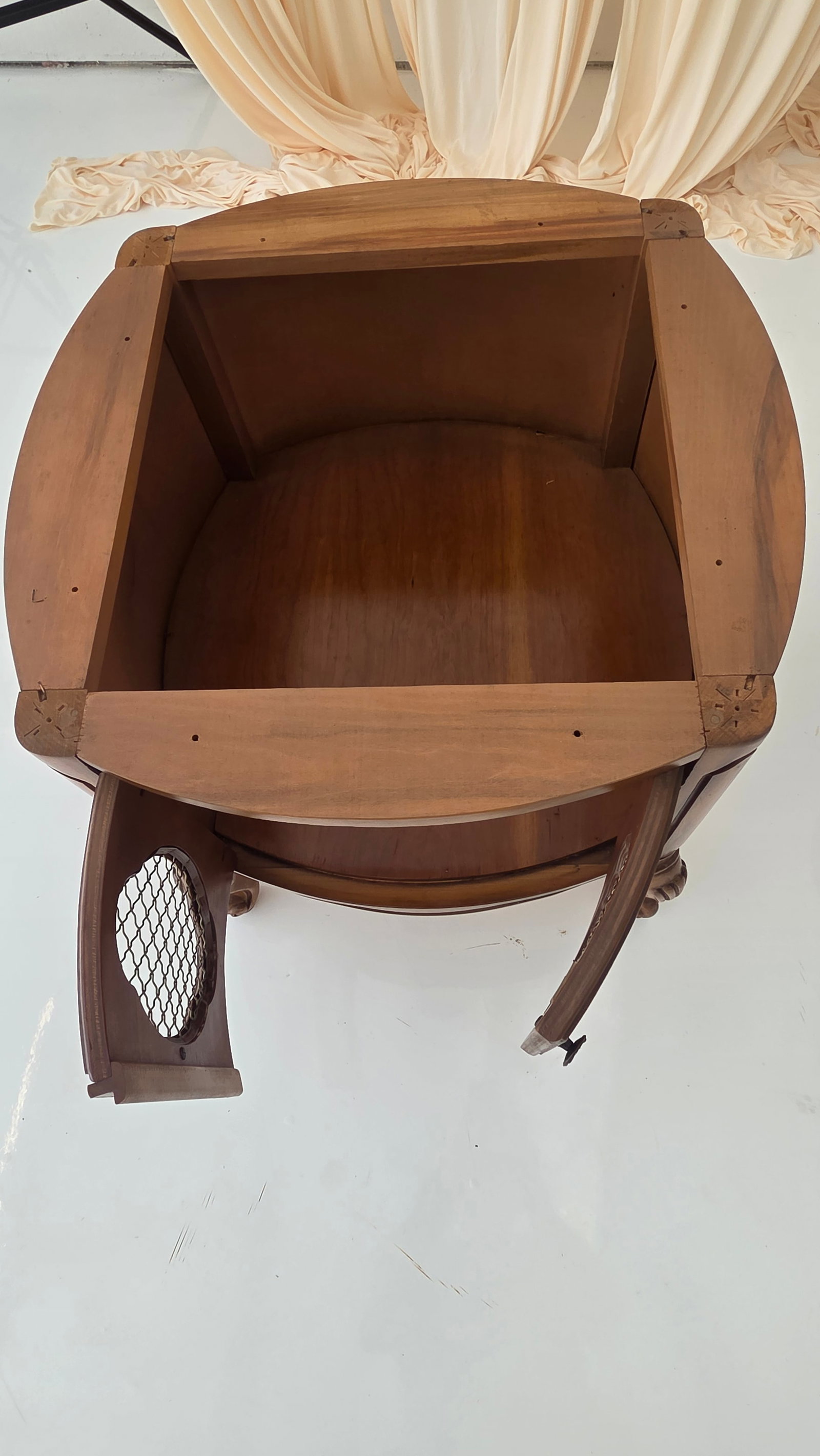Vintage French Provincial Drum Table With Metal Mesh Cabinet Doors. Made in Italy - 8