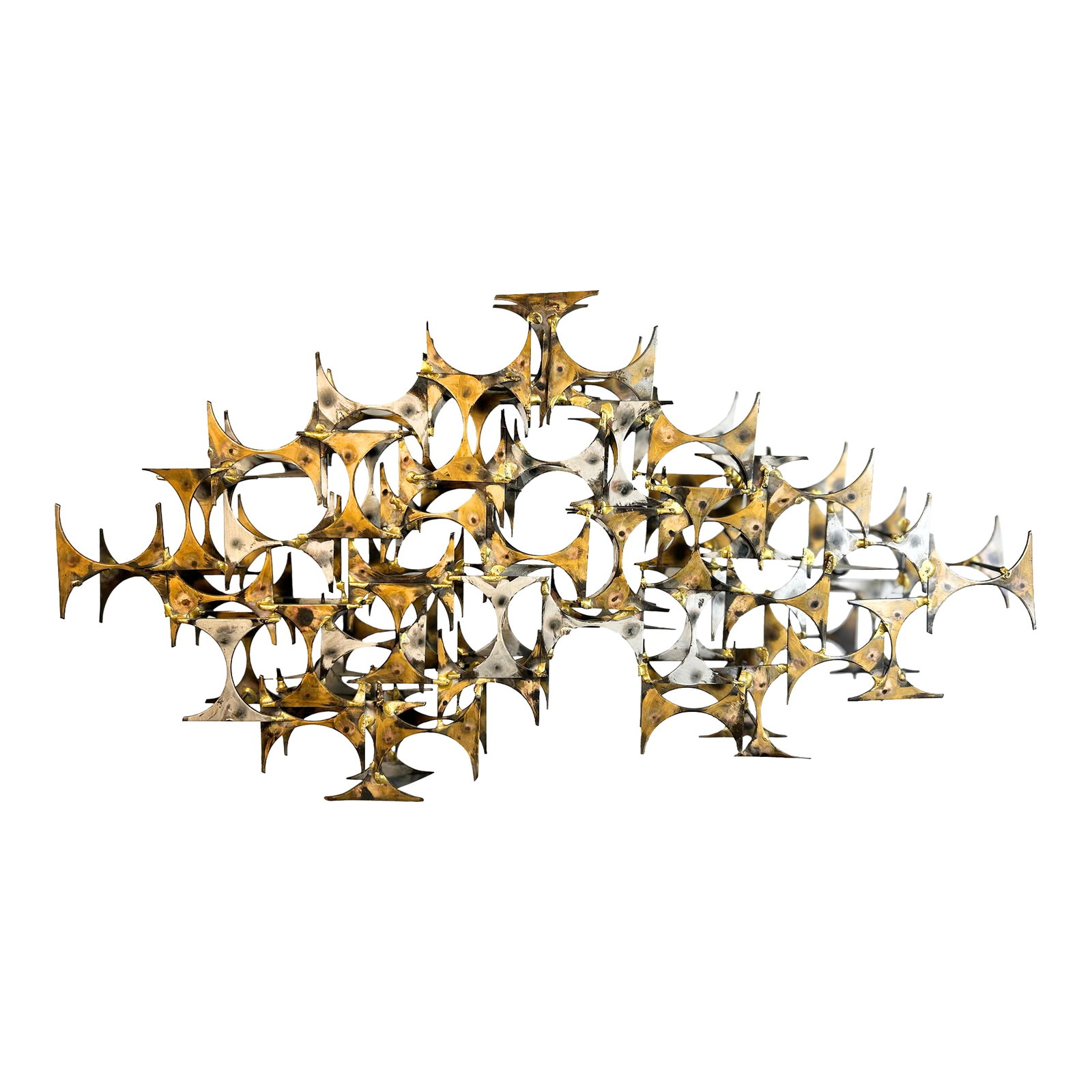 1970s Brutalist Openwork Geometric Welded Wall Sculpture by Marc Weinstein: This exceptional Mid-Century Modern wall sculpture by acclaimed artist Marc Weinstein of St Louis represents the pinnacle of 1970s Brutalist design. Produced through his company, Marc Creates Inc., th