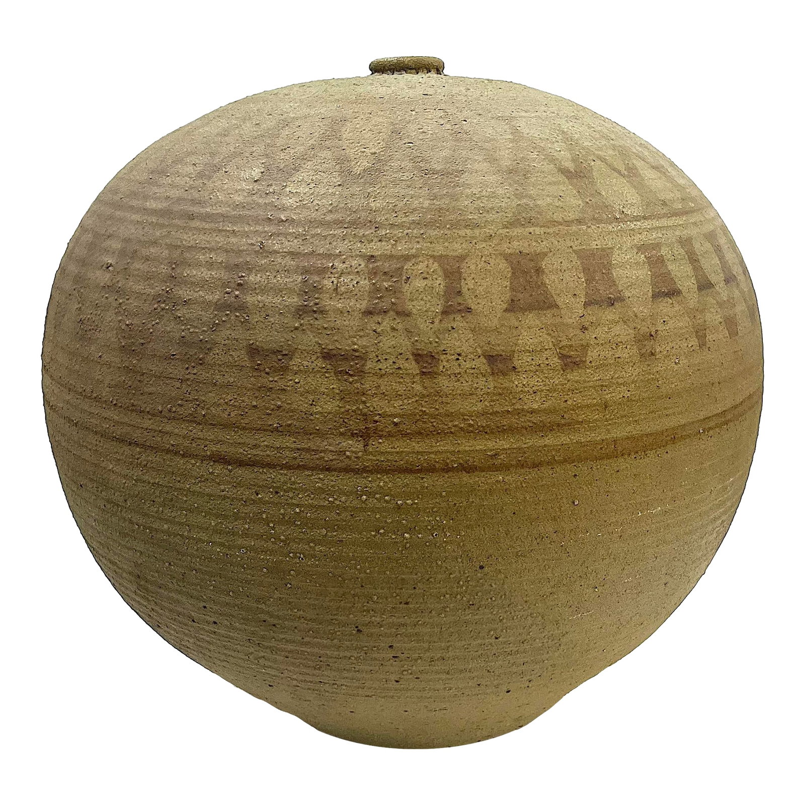 1970's Massive Hand-Crafted Stoneware Vessel With Geometric Decoration by Ken Edwards Montana Potter: Beautiful, large, and perfectly shaped piece of 1970's hand-crafted studio pottery. Round ridged body is topped by a small round opening. Olive or deep sage green matte glazed surface is decorated