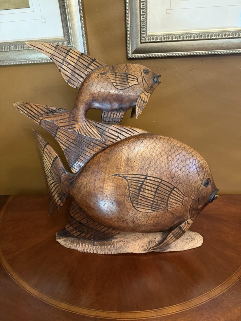 Vintage 1950s Indonesian Hand-Carved Teak Angelfish Sculpture – 19.5" - 12