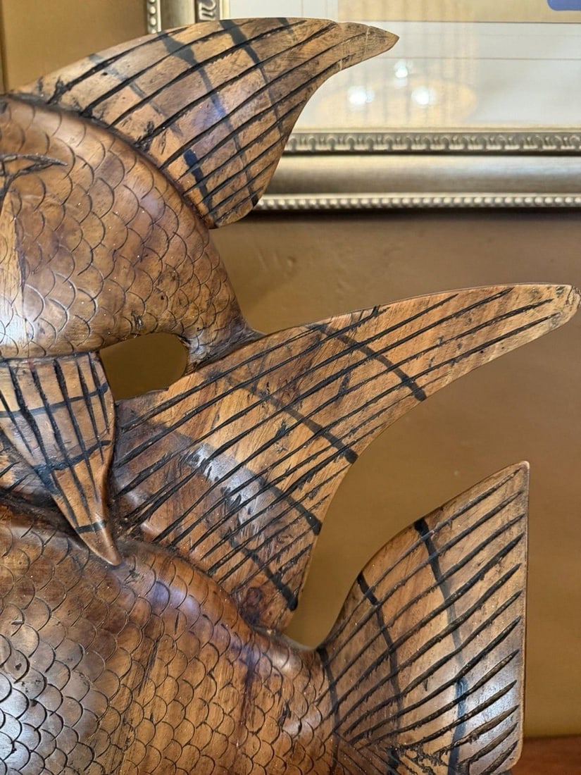 Vintage 1950s Indonesian Hand-Carved Teak Angelfish Sculpture – 19.5" - 2