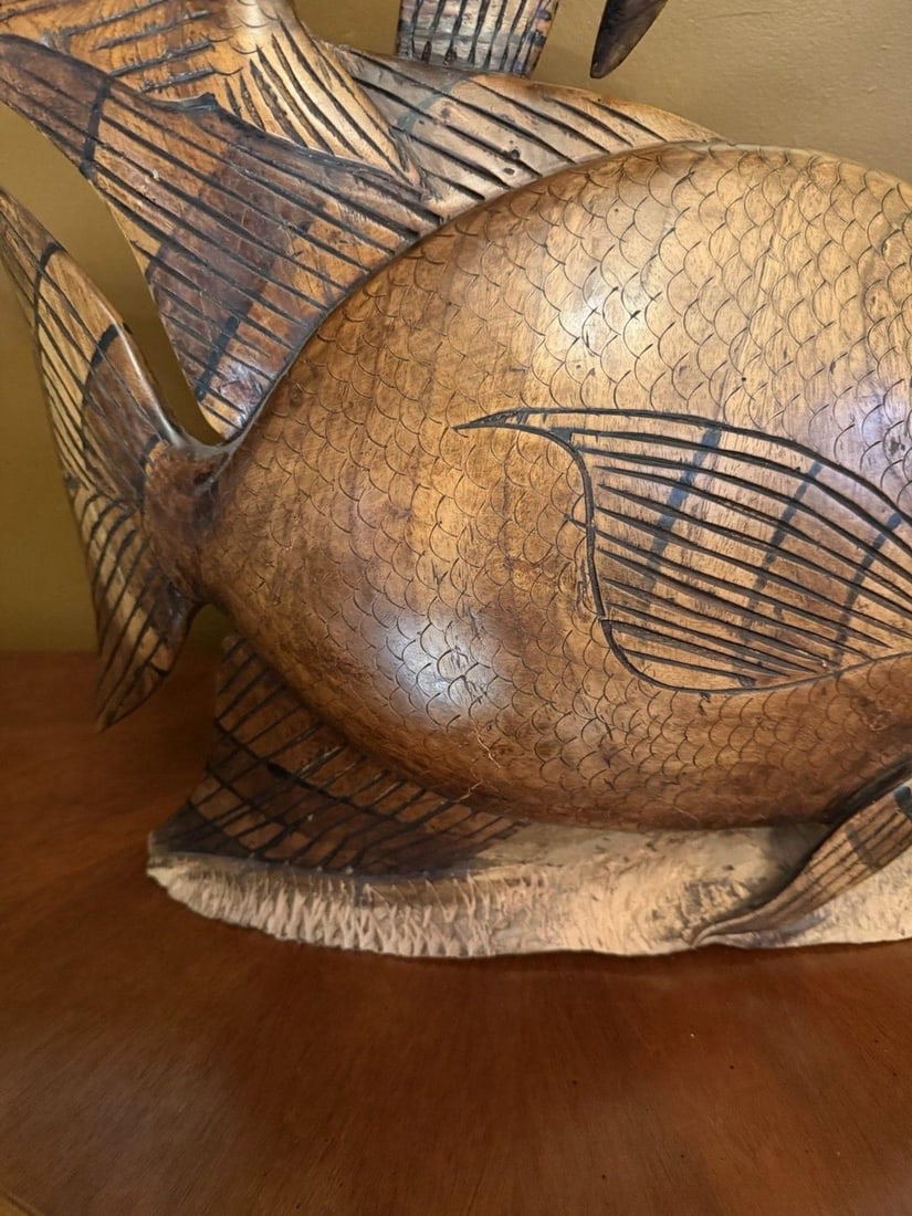 Vintage 1950s Indonesian Hand-Carved Teak Angelfish Sculpture – 19.5" - 4