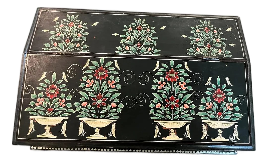 Vintage Hand Painted Slant Front Correspondence Box.: A charming vintage slant-front correspondence box featuring a black lacquered finish adorned with hand-painted floral urns, birds, and scrolling botanical motifs. The fitted interior opens to reveal