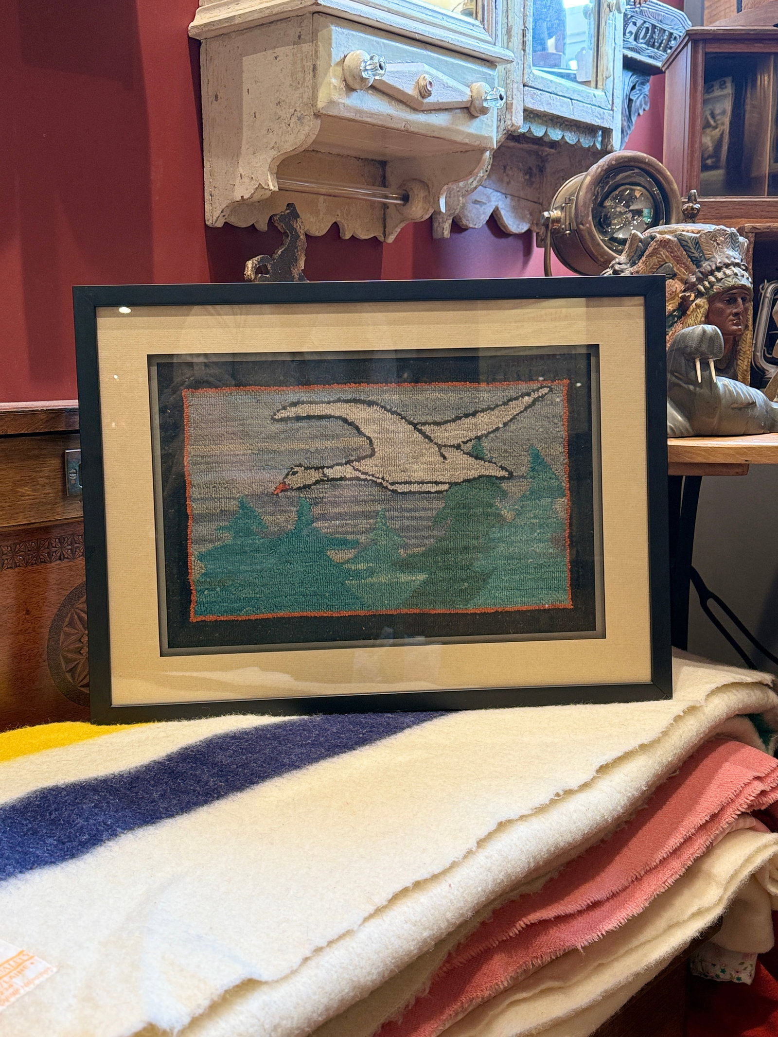 Vintage 1930s Grenfell Hooked Mat Snow Goose Newfoundland Labrador Framed Folk Art - 2