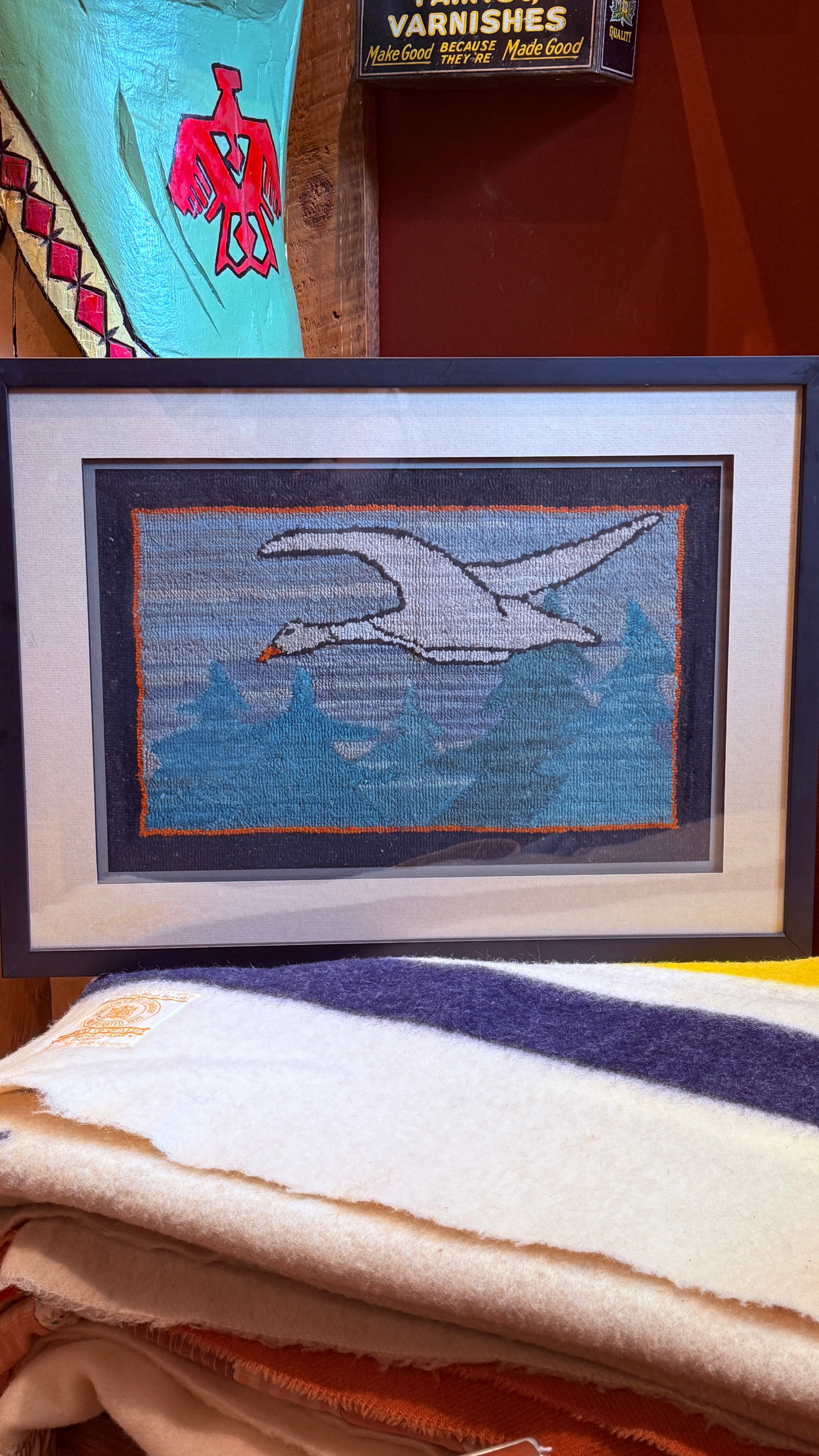 Vintage 1930s Grenfell Hooked Mat Snow Goose Newfoundland Labrador Framed Folk Art - 3