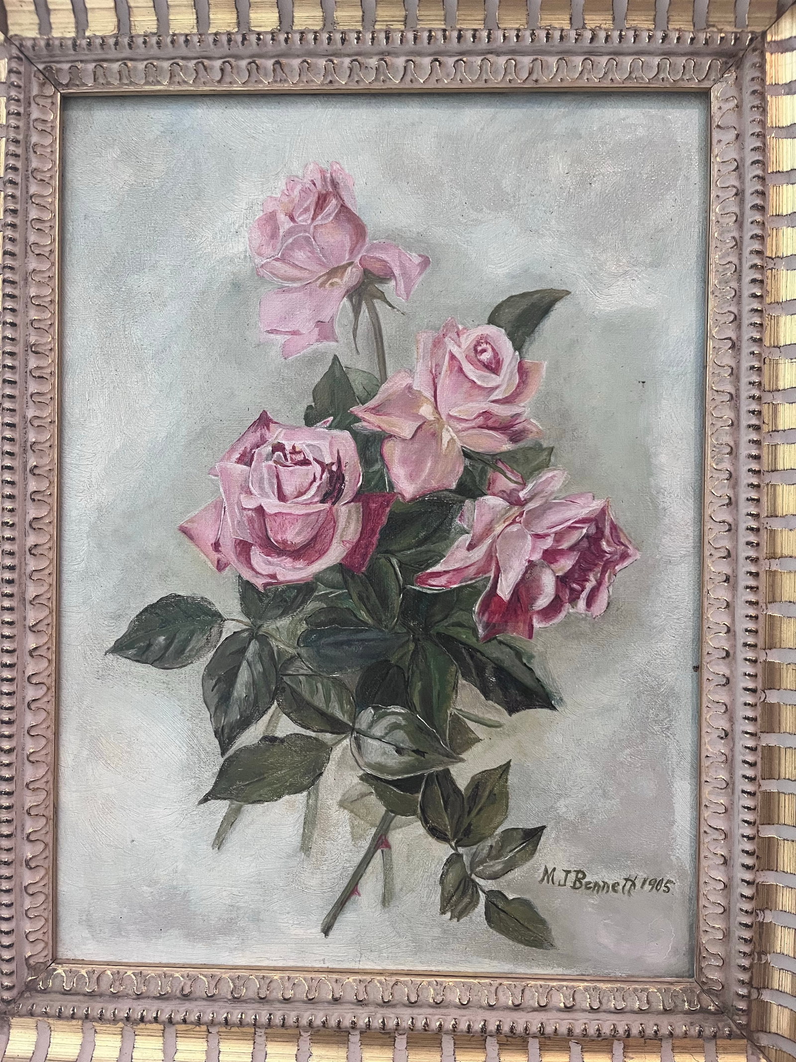 Antique Style Signed Floral Oil Painting of Pink Roses by M. J. Bennett, Dated 1905 - 2