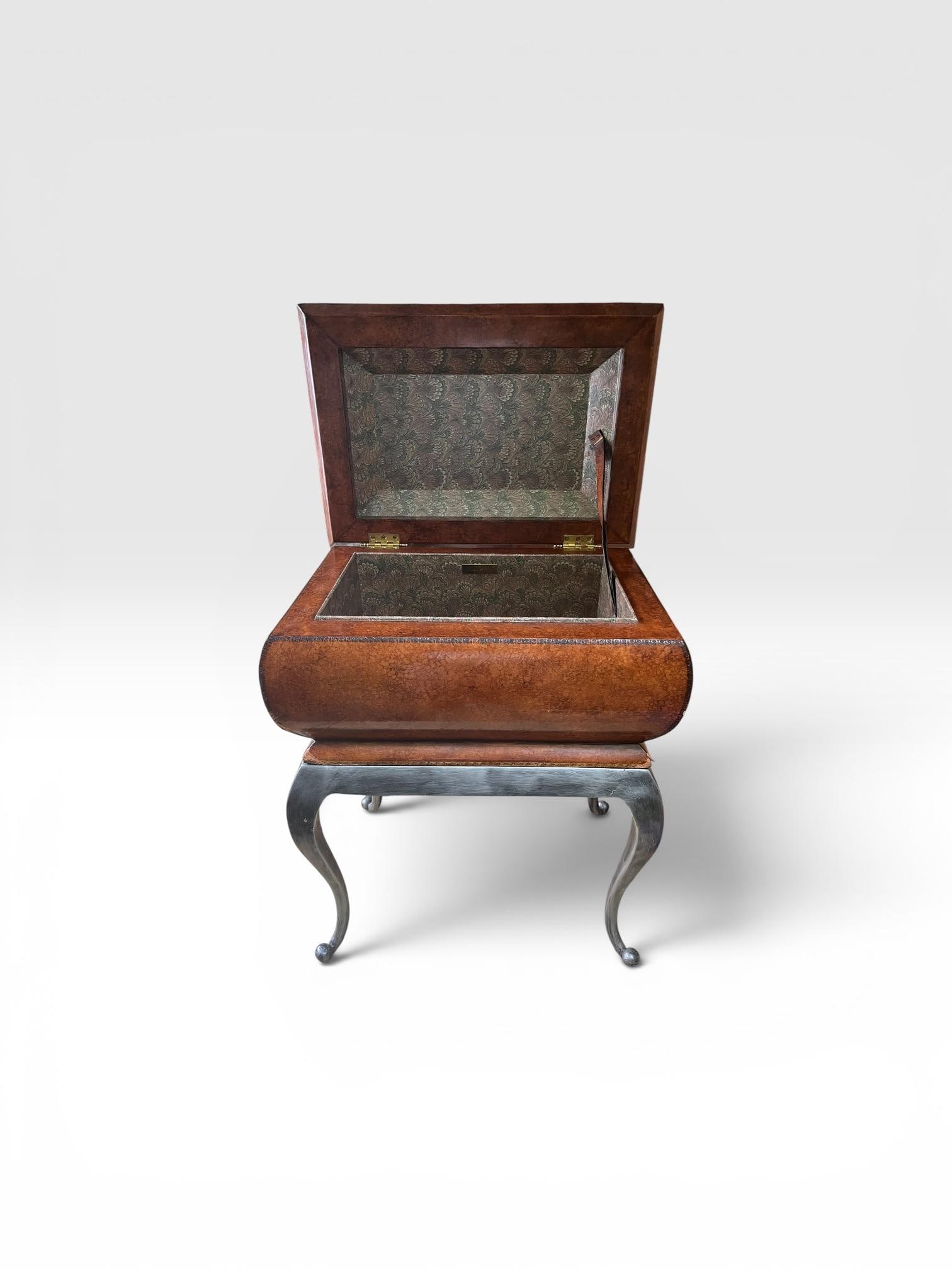 1980s Maitland-Smith Leather Covered Decorative Box on Hand-Forged Iron Stand - 2