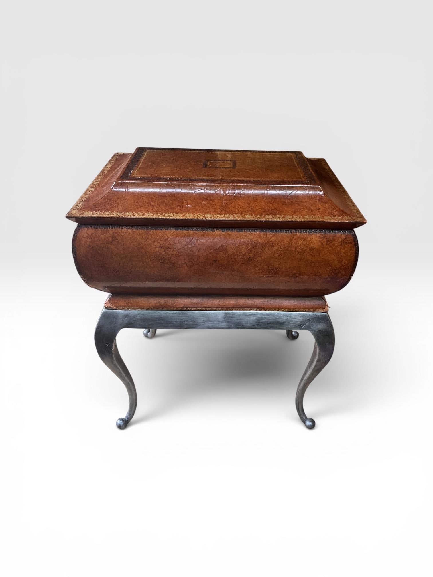 1980s Maitland-Smith Leather Covered Decorative Box on Hand-Forged Iron Stand - 3