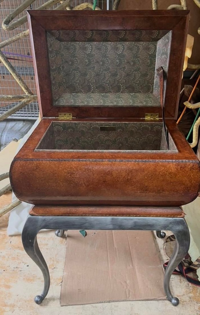1980s Maitland-Smith Leather Covered Decorative Box on Hand-Forged Iron Stand - 5