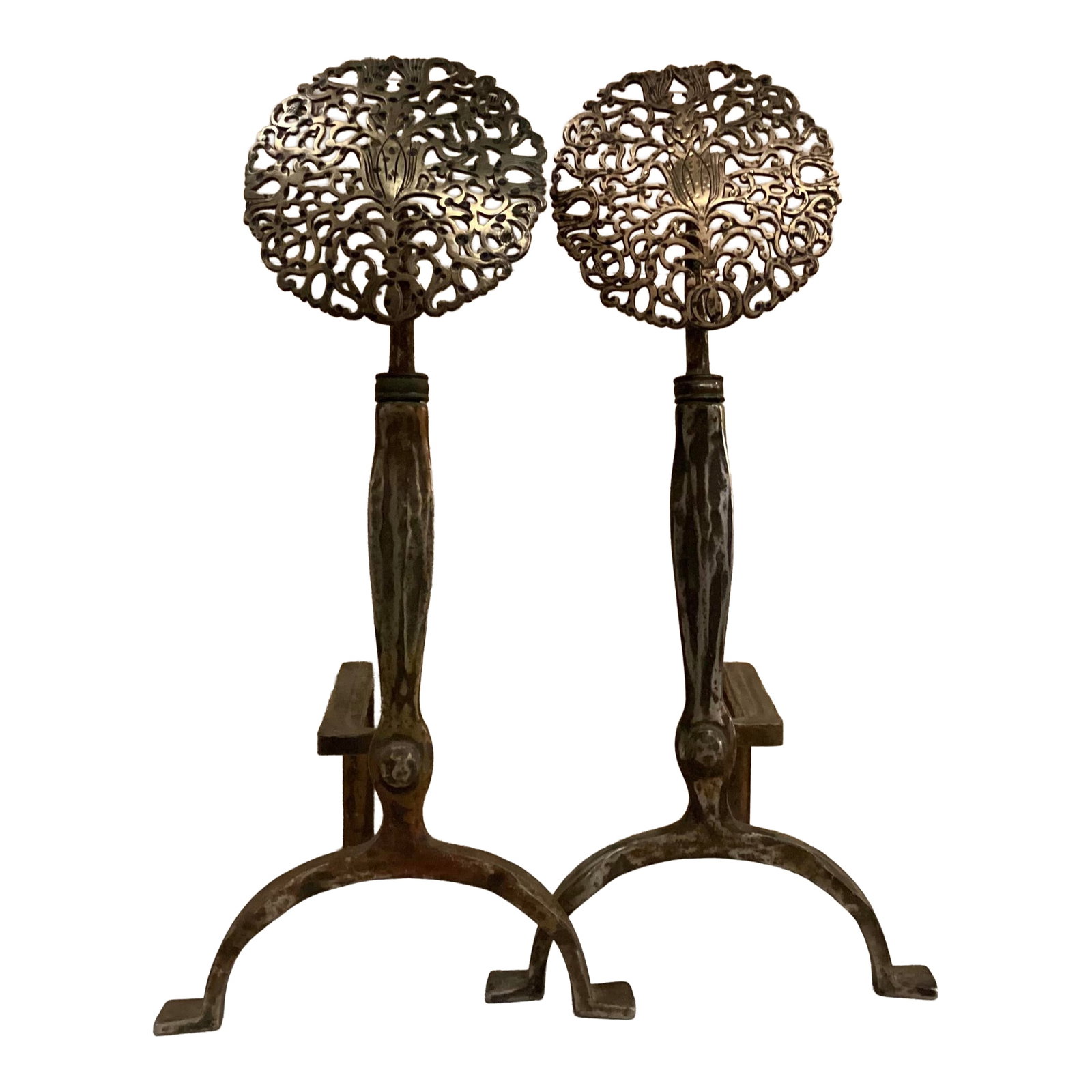 Late 19th Century Arts and Crafts Filagree Brass Rosette Andirons (1 of 9)