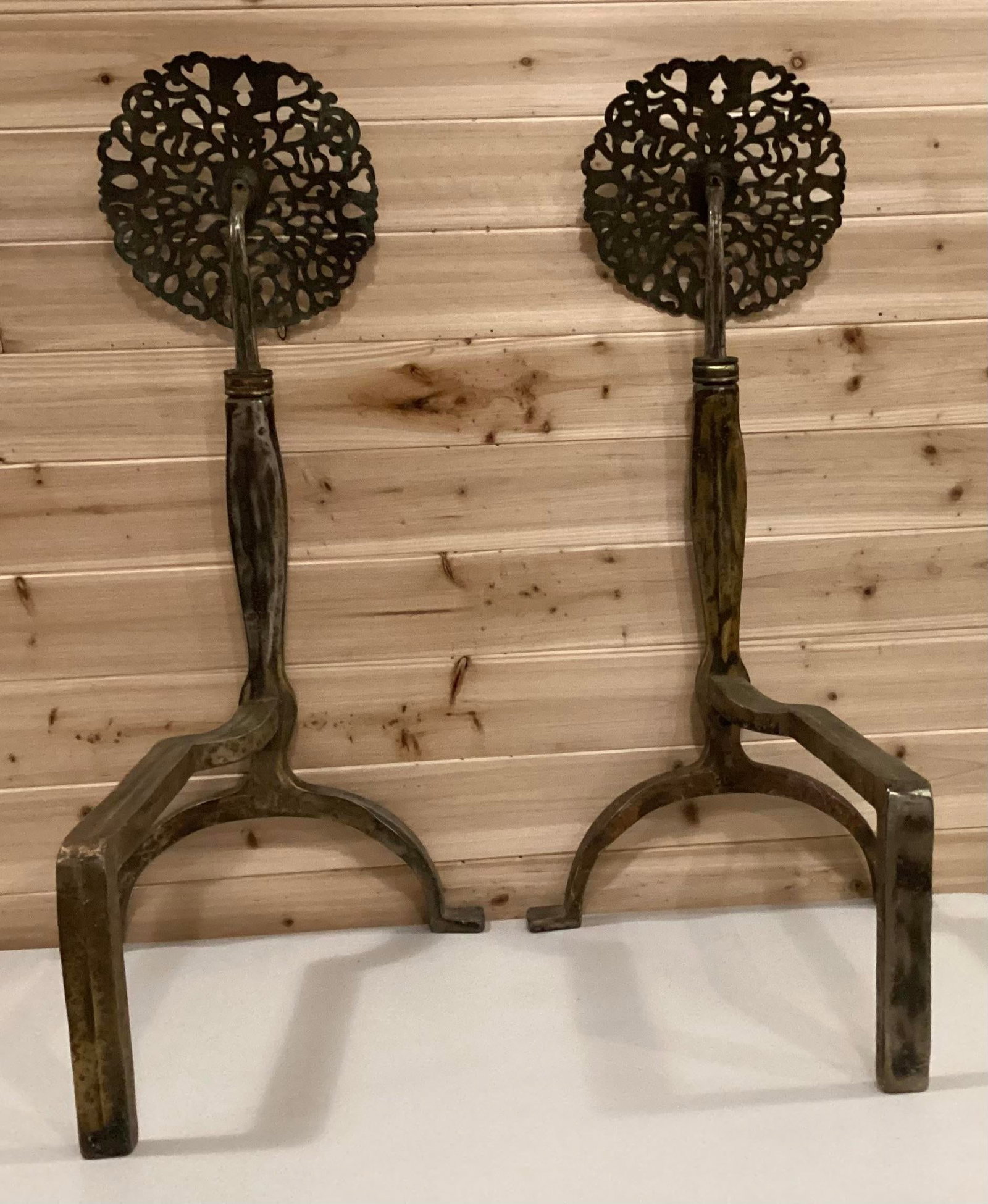 Late 19th Century Arts and Crafts Filagree Brass Rosette Andirons - 2