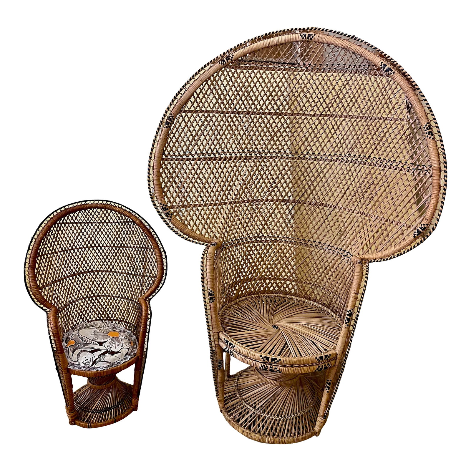 Mommy & Me Pr Small Large Rattan Emmanuelle Fan Peacock Bohemian Wicker Chairs: How cute! This pair of dramatic Bohemian Emmanuelle chairs are very close to being the same. Of course the size is different and the smaller one has a slightly darker stain, the larger one has darker