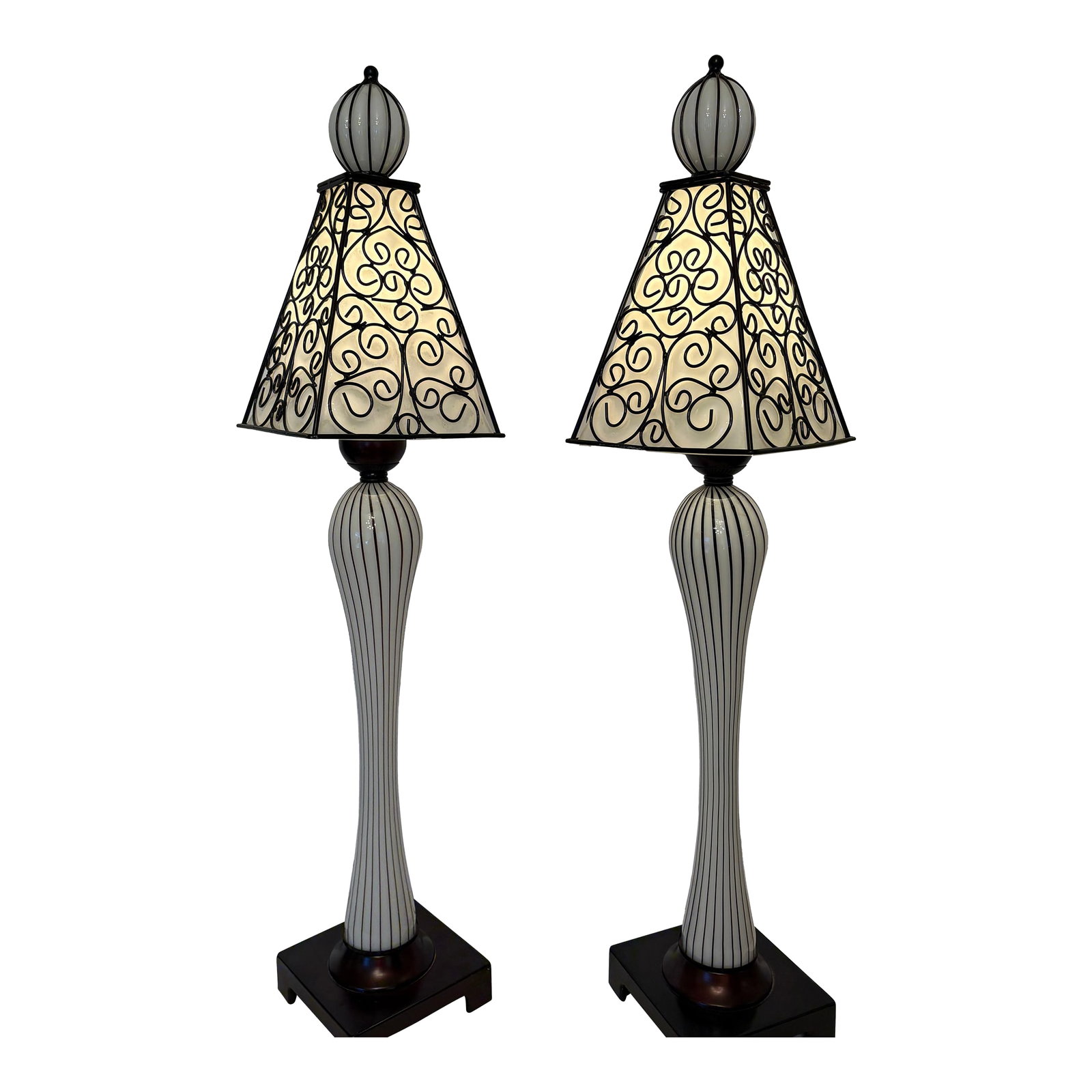 Vintage Mid-Century-Spanish Revival Wrought Iron Glass Table Lamps - A Pair (1 of 6)