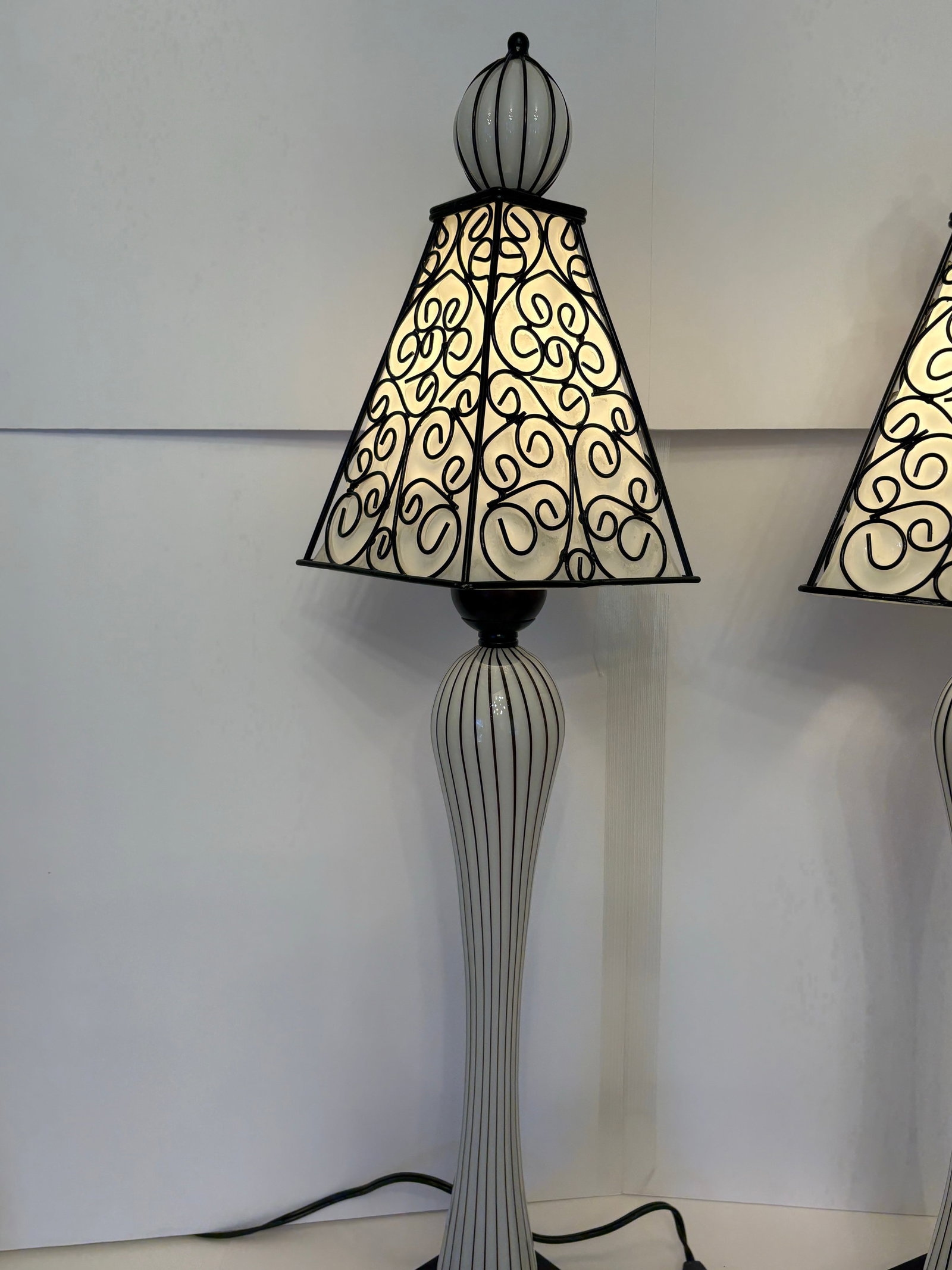 Vintage Mid-Century-Spanish Revival Wrought Iron Glass Table Lamps - A Pair - 2
