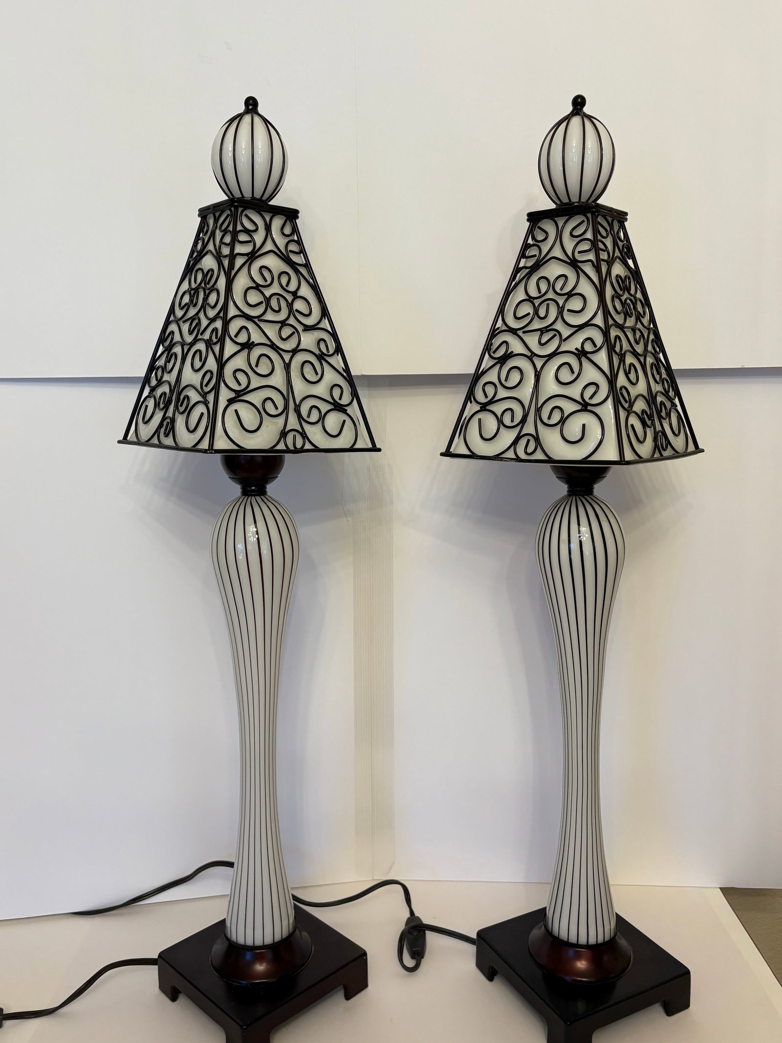Vintage Mid-Century-Spanish Revival Wrought Iron Glass Table Lamps - A Pair - 3