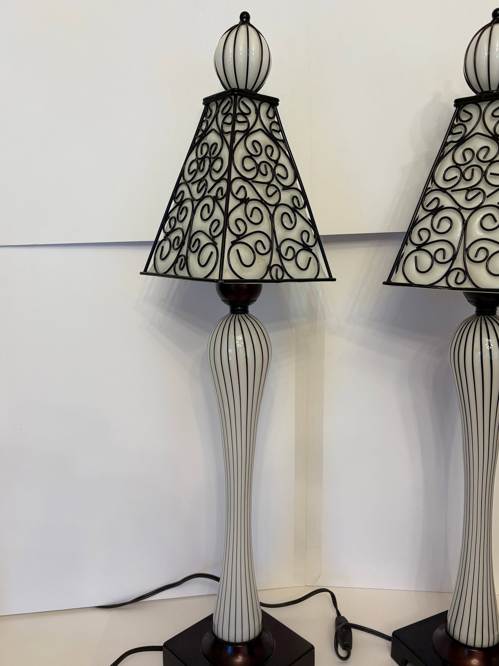 Vintage Mid-Century-Spanish Revival Wrought Iron Glass Table Lamps - A Pair - 4
