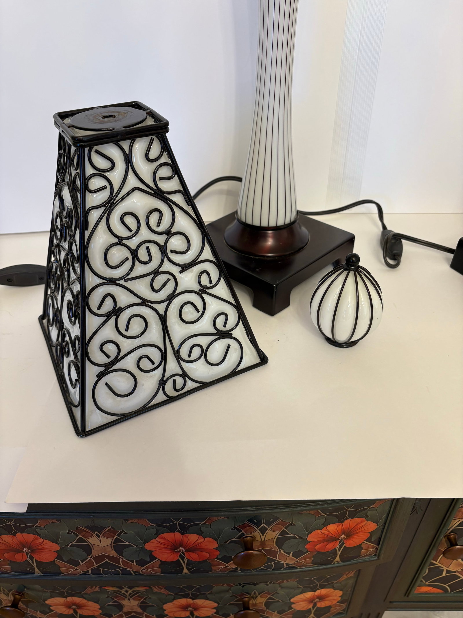 Vintage Mid-Century-Spanish Revival Wrought Iron Glass Table Lamps - A Pair - 5