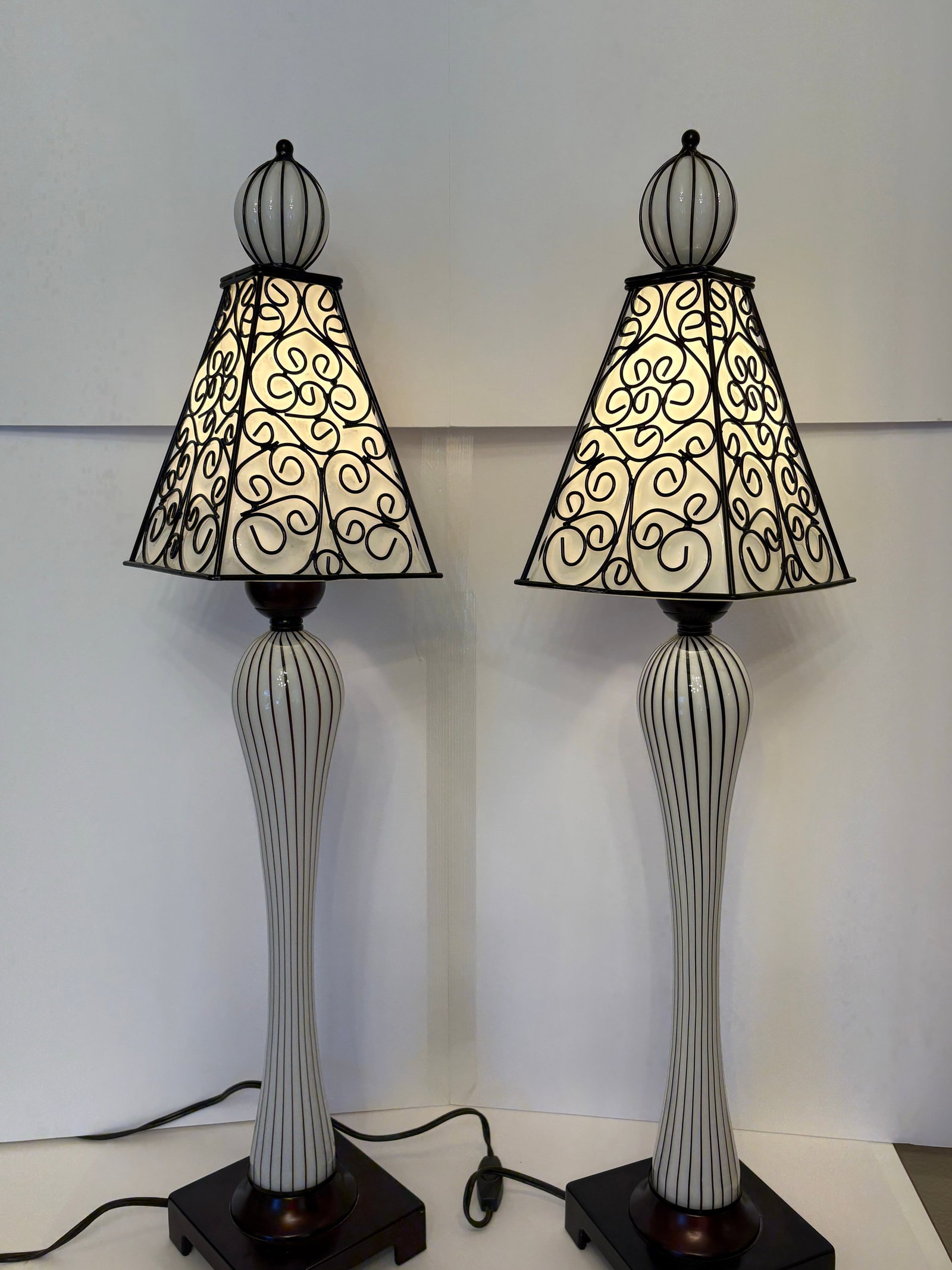 Vintage Mid-Century-Spanish Revival Wrought Iron Glass Table Lamps - A Pair - 6